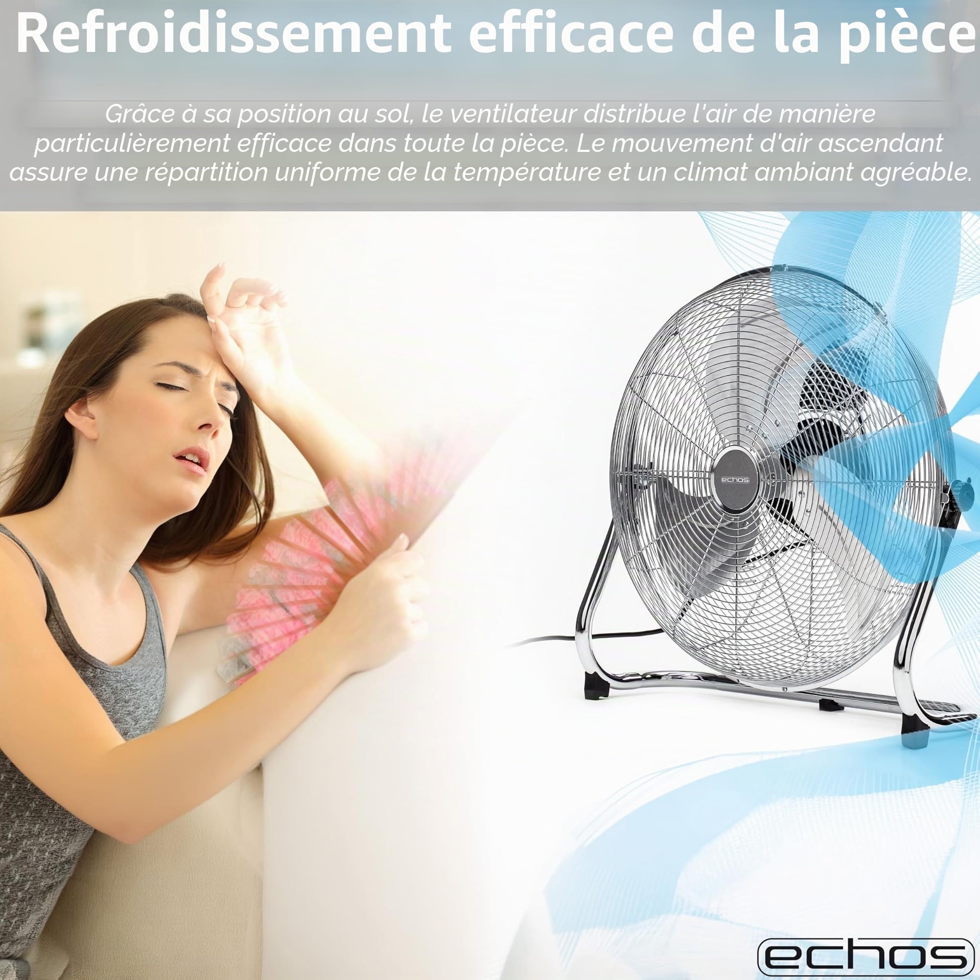Echos® Ventilateur de sol en métal 46 cm - 100 W - Silencieux - 3 niveaux - Inclinable à 90° - Ventilateur industriel avec flux d'air puissant de 102 m³/min - Pour atelier, bureau et maison