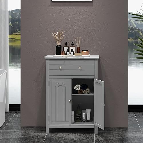 Miniatura 5 de LOKO Bathroom Floor Cabinet, Kitchen Storage Cabinet with 1 Drawer, 2 Doors & 3-Position Adjustable Shelf, 2-Door Floor Storage Cabinet for