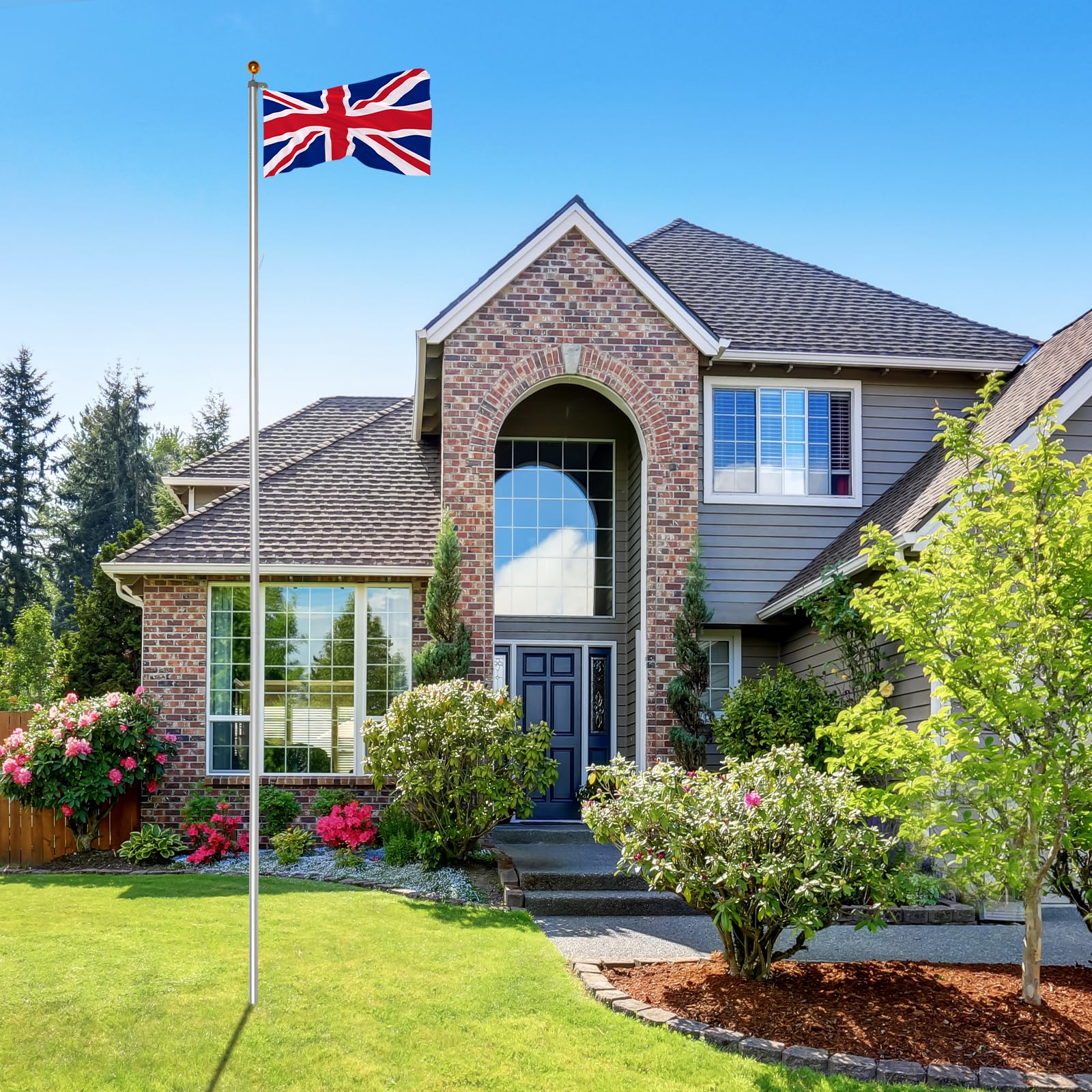 Outopee 30FT Aluminium Sectional Flagpole Kit, Detachable Flag Pole in Ground with UK Flag, Gold Ball Finial and Halyard Rope for Residential, Garden Yard and Commercial Use, Silver