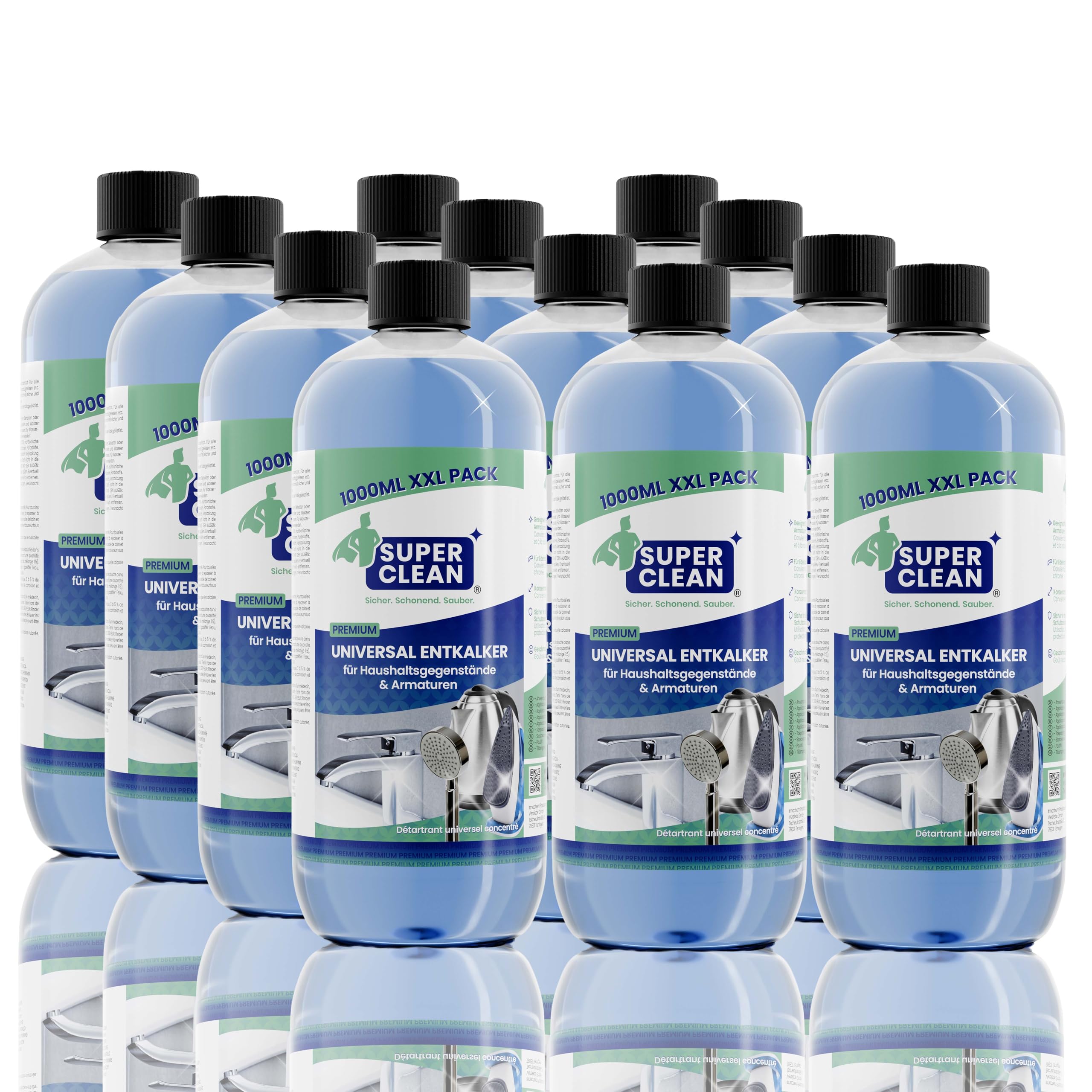 SUPER CLEAN Universal Entkalker flüssig | Hochkonzentriert & Vielseitig | 12 × 1 L | Für Wasserkocher, Armaturen, Dusche, Duschkopf, Bad & Küche | Materialschonend & effektiv