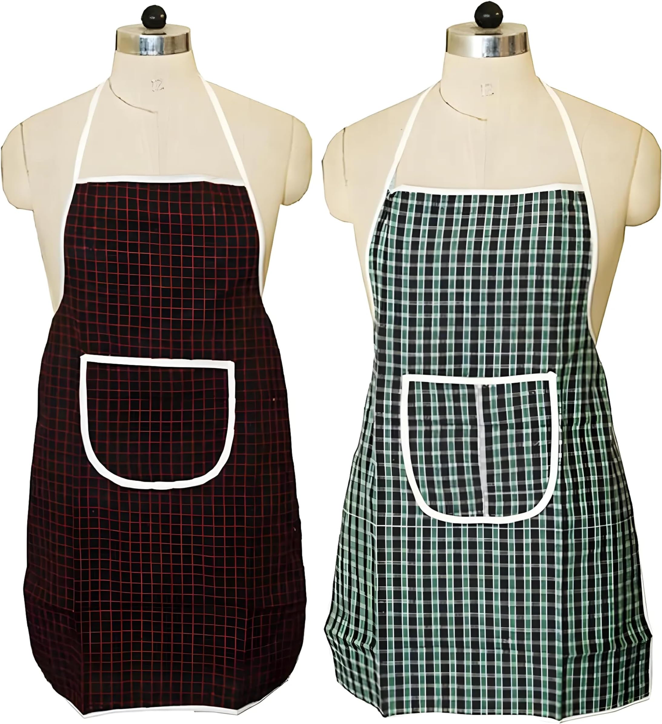 Amazon Brand - Solimo Cotton Apron with Front Pocket | Adjustable Neck Strap & Waist Belt | Unisex Size Standard (Pack of 2) | Checkered Design (Multicolour)