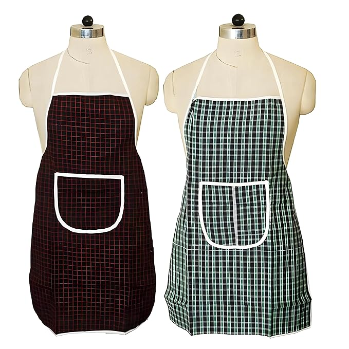Solimo Cotton Apron with Front Pocket | Adjustable Neck Strap & Waist Belt | Unisex Size Standard (Pack of 2) | Checkered Design (Multicolour)