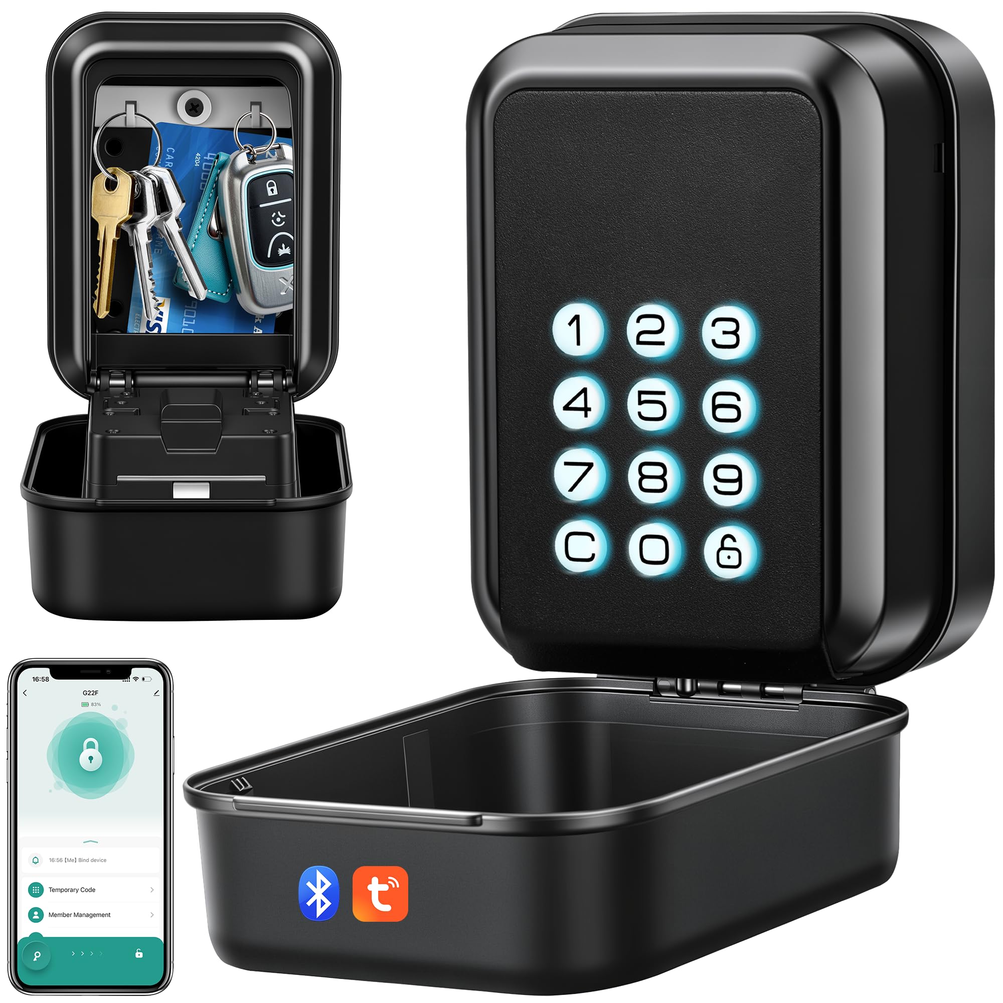 Smart Schlüsselbox Wandmontage Schlüsseltresor mit Zahlencode oder Bluetooth Tuya App-Steuerung Schlüsselsafe Aussen Elektronischer Schlüsselkasten Wasserdicht für AirBnB Büro Familie (Schwarz)