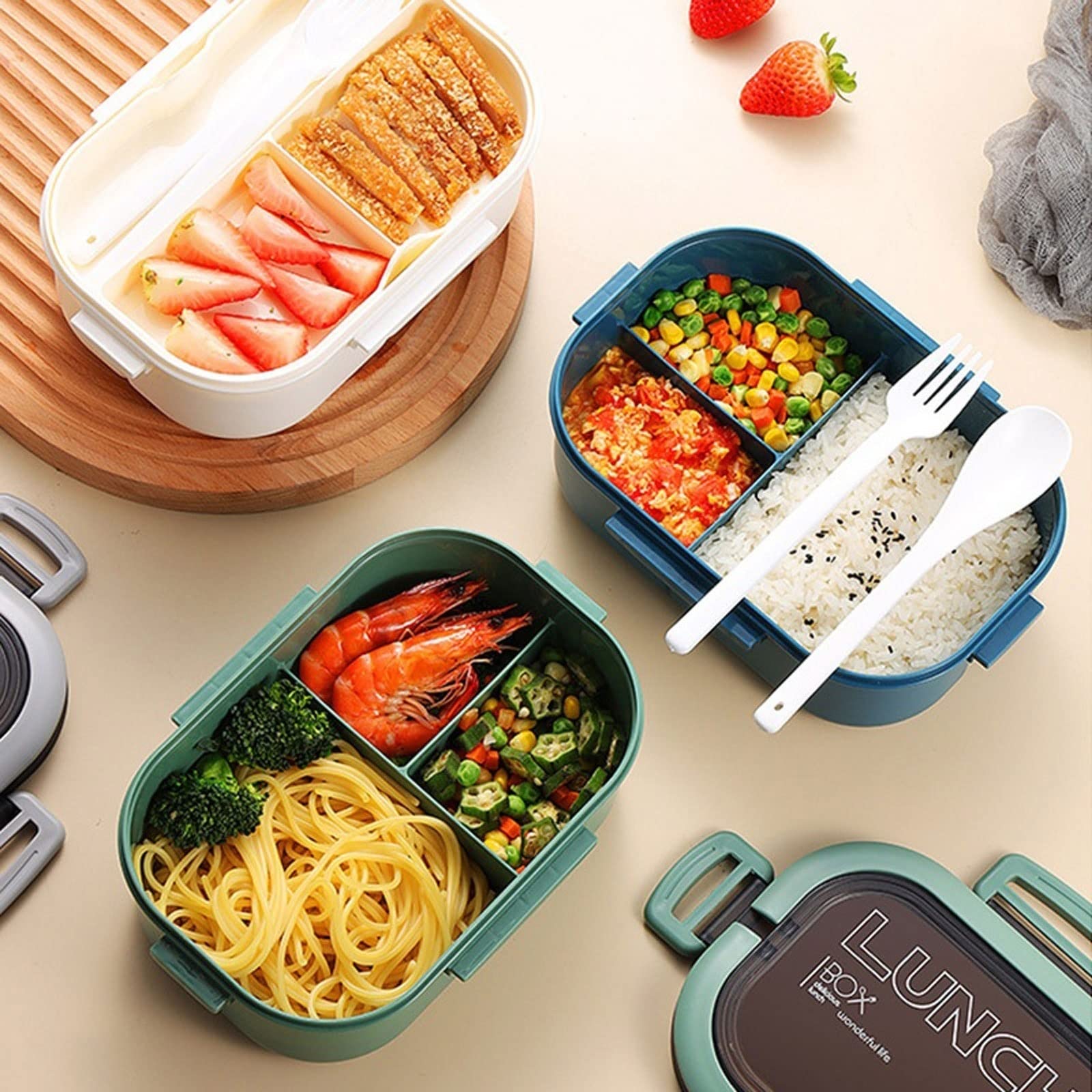 JINGYAN Boîte à bento Lunch Box Layers Grids Office Worker Microwave Hermetic Bento Box Outdoor Picnic Fruit Food Container with Fork Spoon(Red)