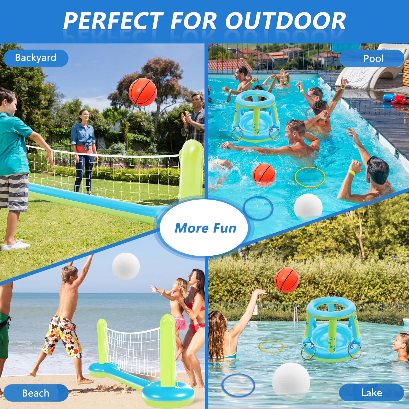 Jasonwell Ensemble de jeux de piscine - 3 en 1 : filet de volleyball, panier de basketball, jeu de bagues à suspendre, flotteurs gonflables, volleyball flottant, jeux d’eau pour piscine, fête, cadeau