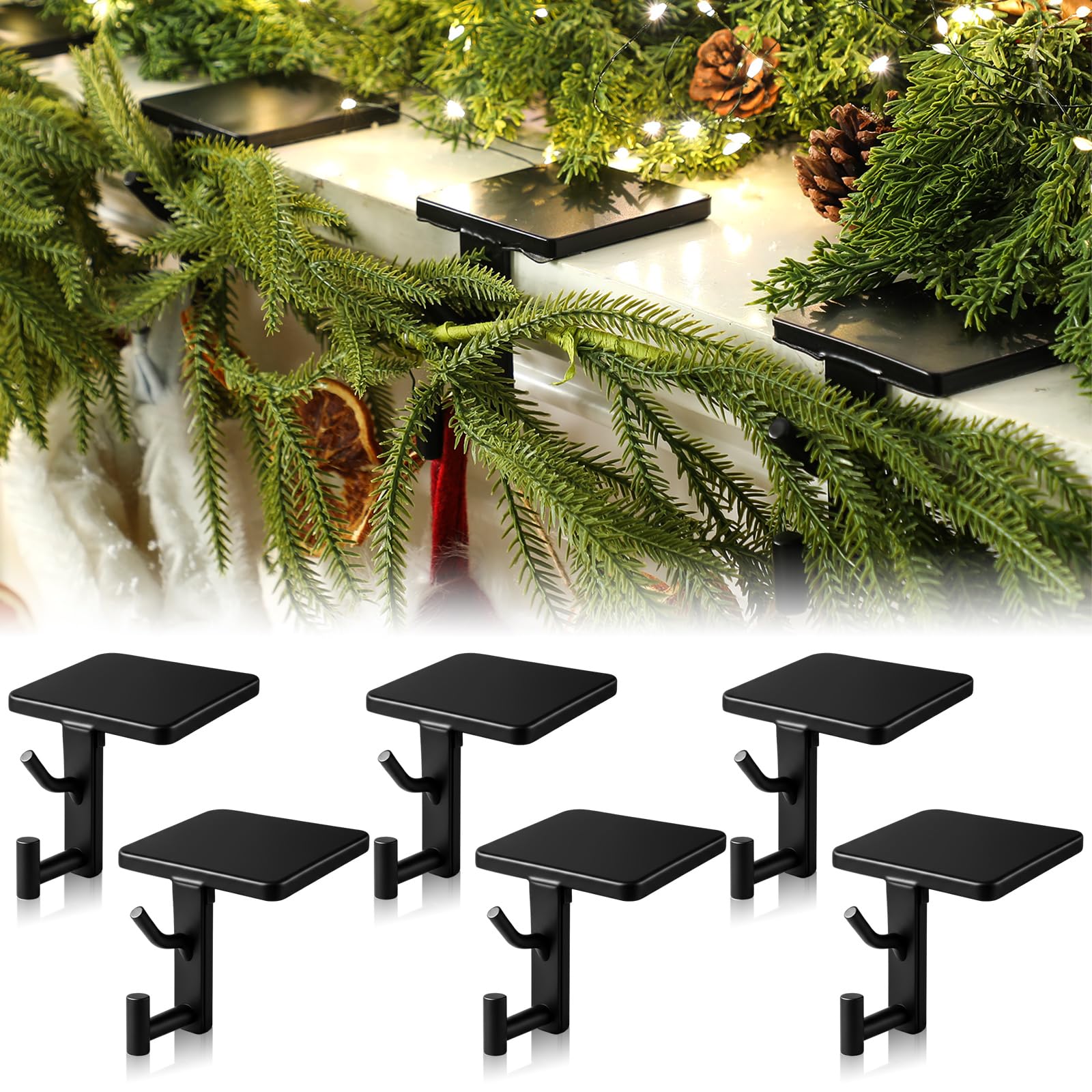 2 in 1 Fireplace Garland and Stocking Hangers for Mantel Heavy Duty Christmas Stocking Holders for Mantle Metal Garland Hooks Xmas Holiday Decoration (6 Pack,Black)