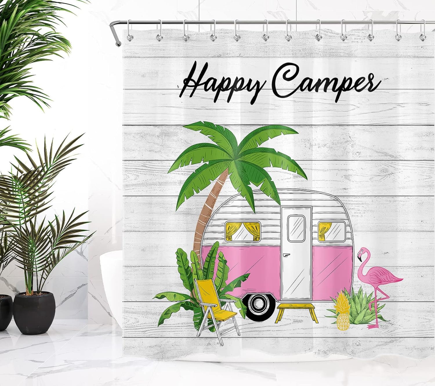 ECOTOB Happy Camper Shower Curtain, Farmhouse Wooden