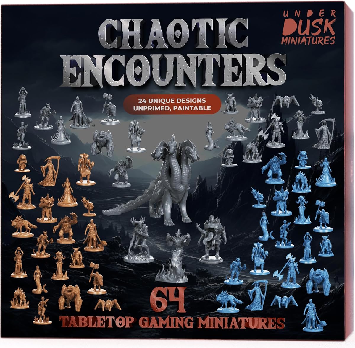 DND Miniatures Bulk Set, 64 Unpainted D&D Minis 28mm with 4 Boss Monsters | Durable PVC figures for tabletop roleplaying, digital 5e stat blocks included, fits Pathfinder and 1 inch battle mats