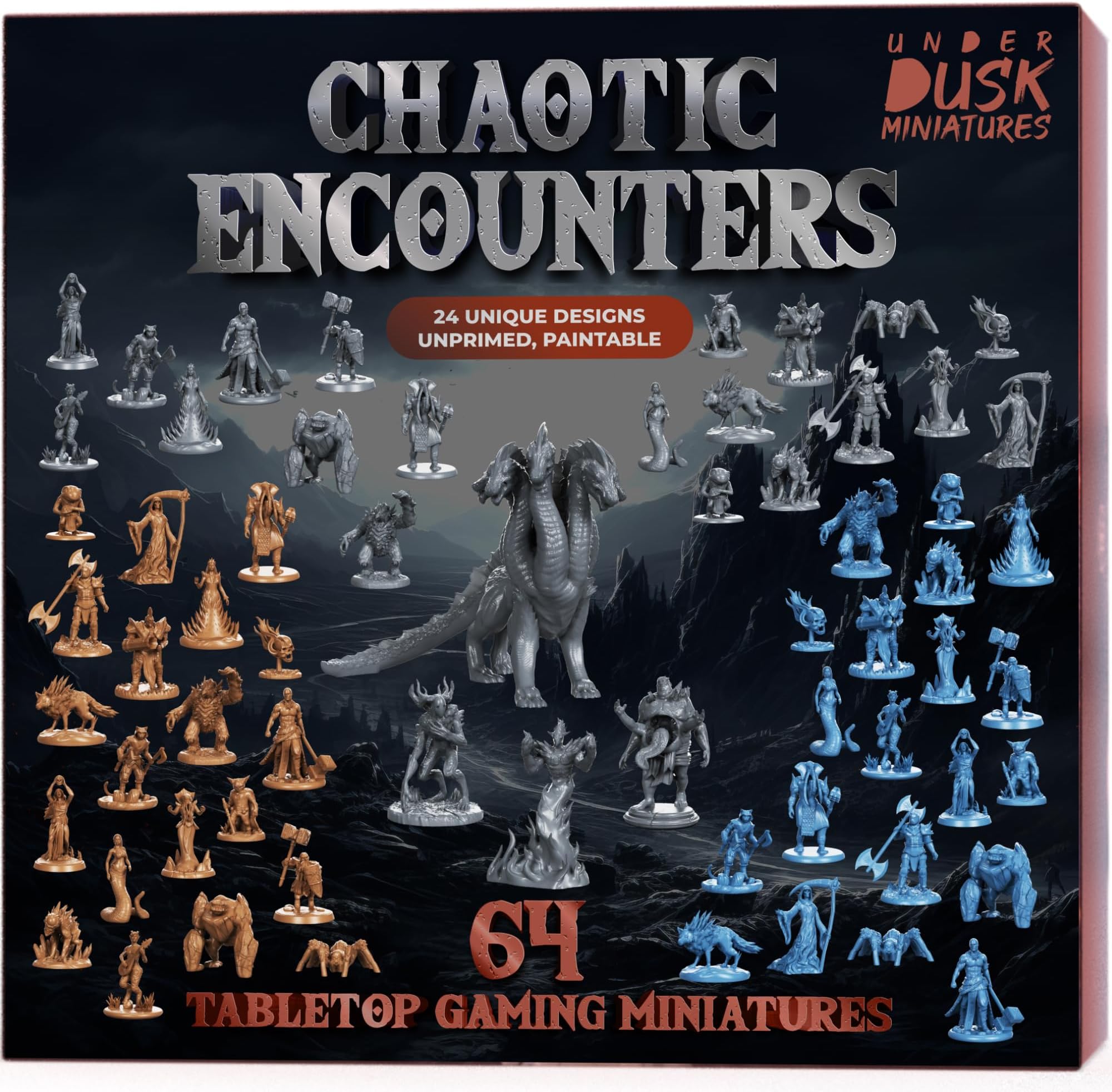Underdusk Chaotic Encounters: 64pc DND Miniatures Bulk Set - High-Definition Monsters - 24 Designs, 28mm Scale with 4 Large Bosses (Hydra, Fire Elemental, Gluttony, Forest Guardian) - Stats Included