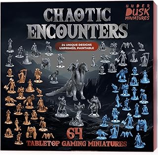 Underdusk: Chaotic Encounters - 64 Unpainted Tabletop DND Bulk Miniatures for TTRPG, Pathfinder & Dungeons and Dragons | Monster Figures Starter Pack with Stat Blocks