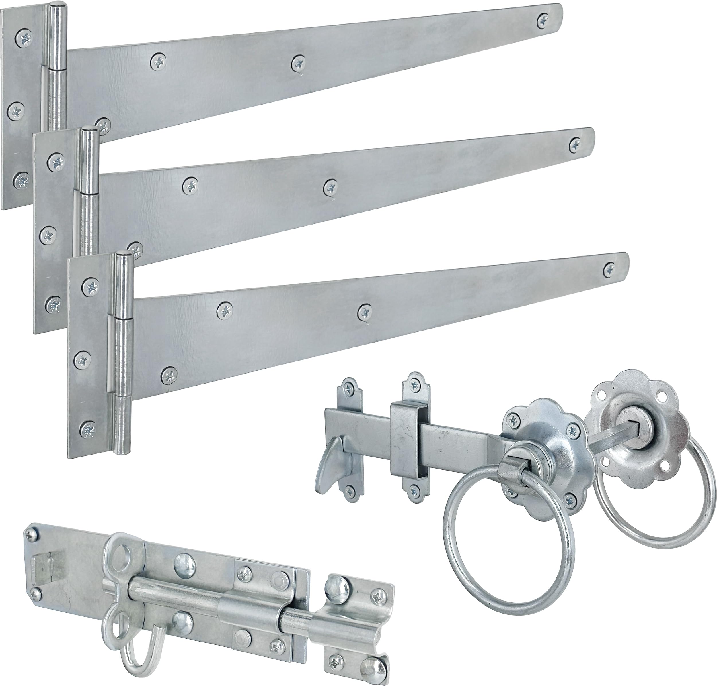 IRONTITE® Galvanised Gate Latch Kit with 300mm (12") T Hinges and Brenton Bolt. BZP Garden Gate Kit Includes Garden Gate Hinges for Wooden Gates, Brenton Garden Gate Bolt, and Ring Gate Latch.