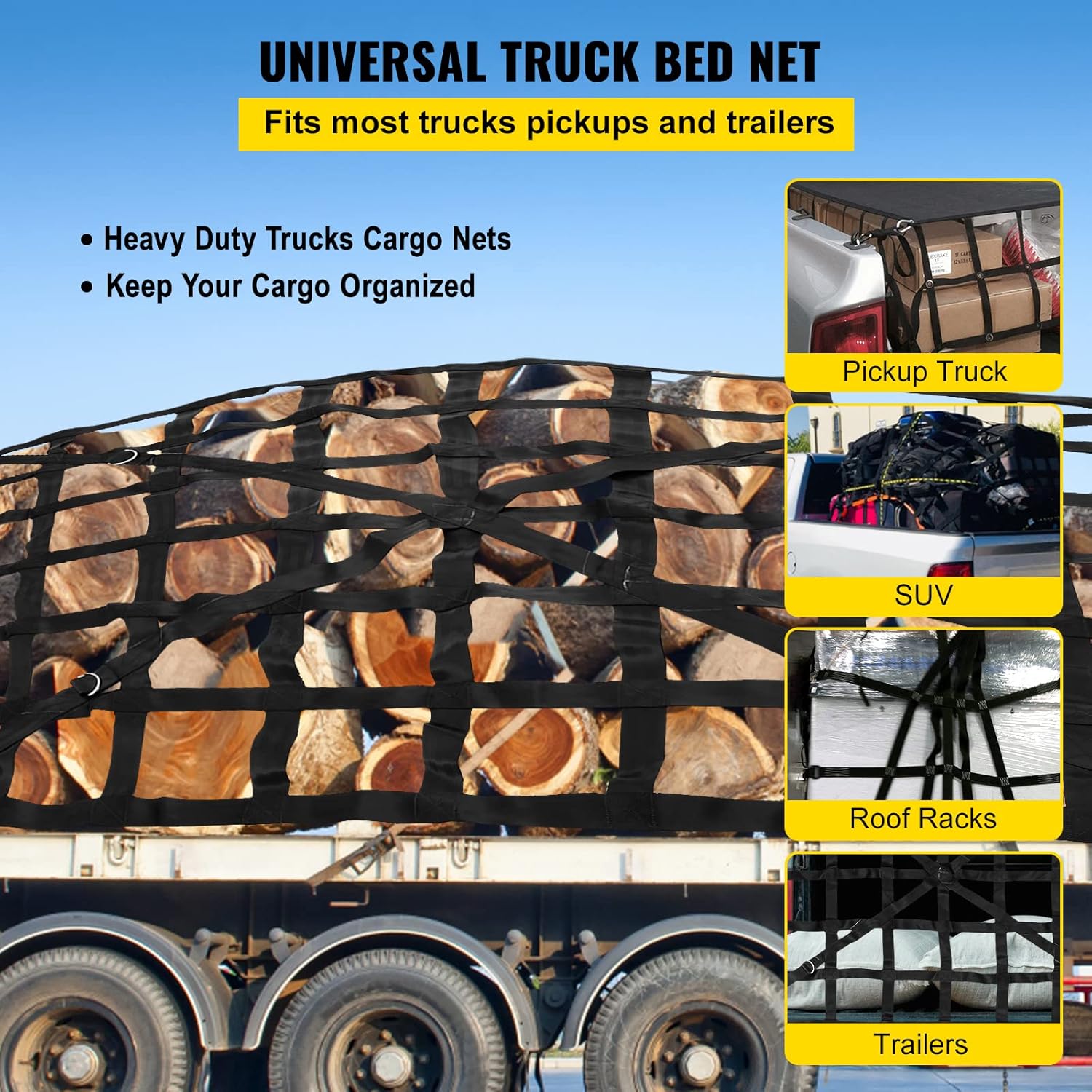 4.75' X 6' Heavy Duty Cargo Net For Pickup Truck Bed With D Rings Tie Down Fittings Durable 6 Cam Buckle Straps Adjusment
