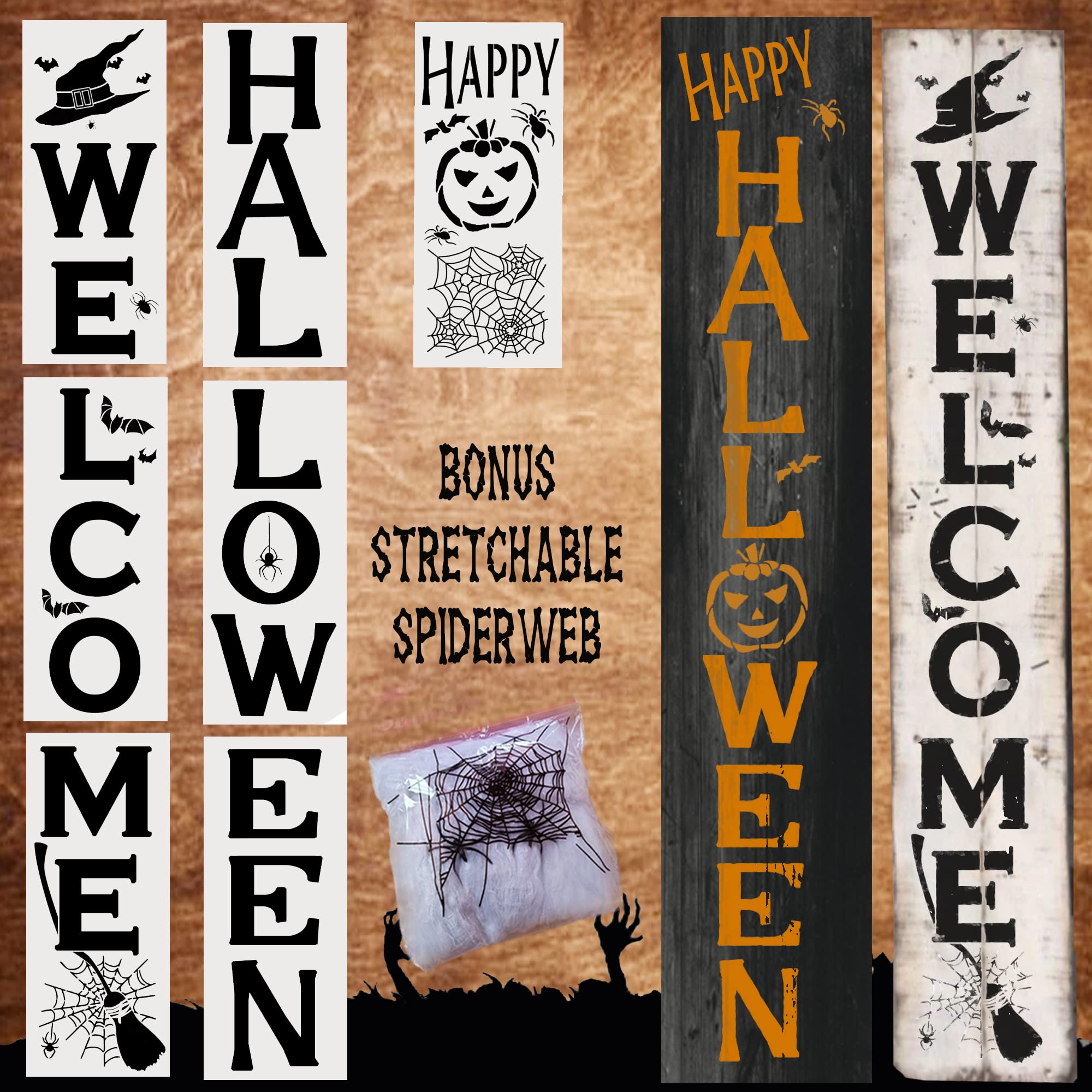 DLY Lifestyle Welcome & Halloween Stencils with Spider Webs - 7 Reusable PET Stencils for Painting on Wood, Canvas, Fabric & More