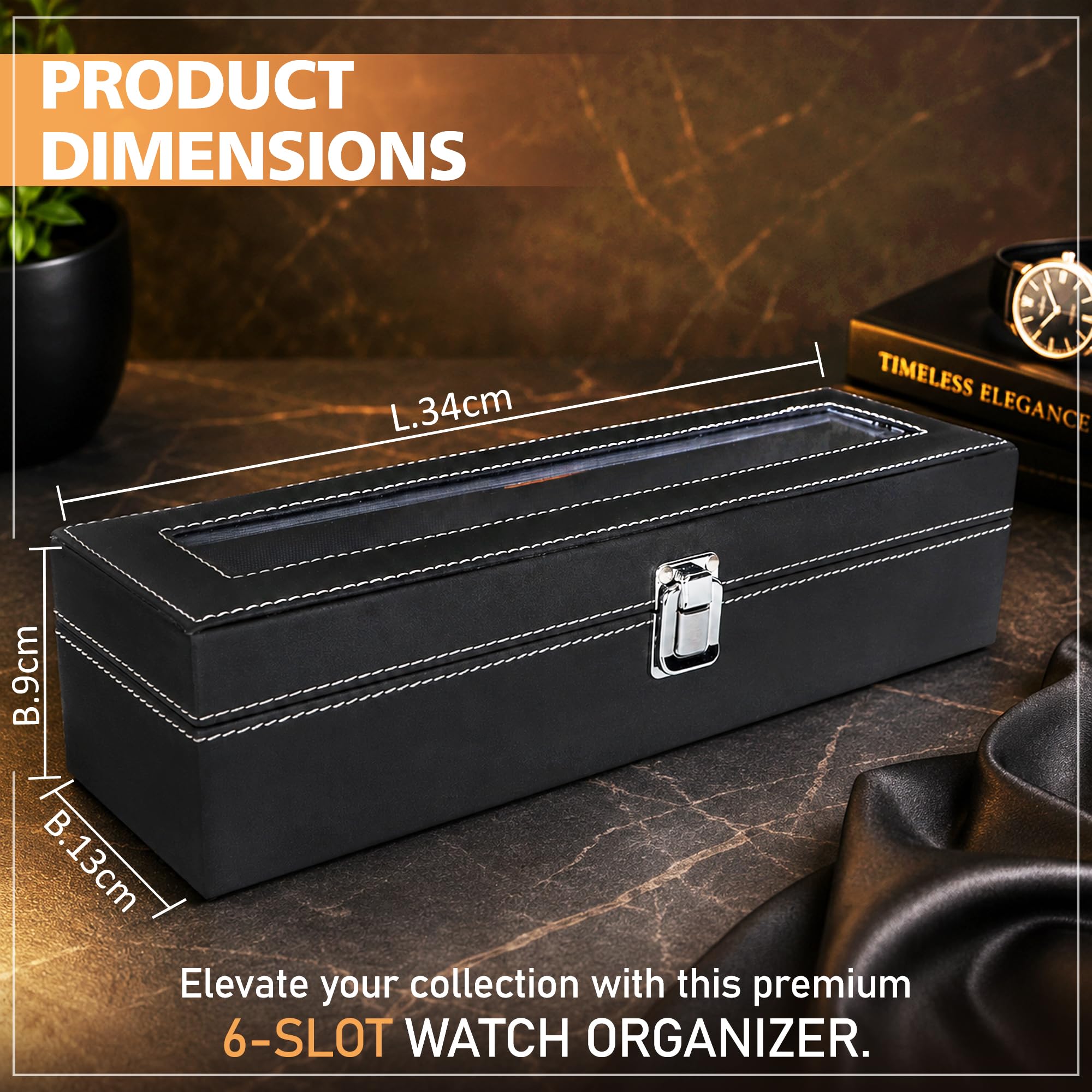 LEDO Watch Box Holder Organizer Case with 6 Slots, Transparent Look, Black & Gray Color Velvet 1