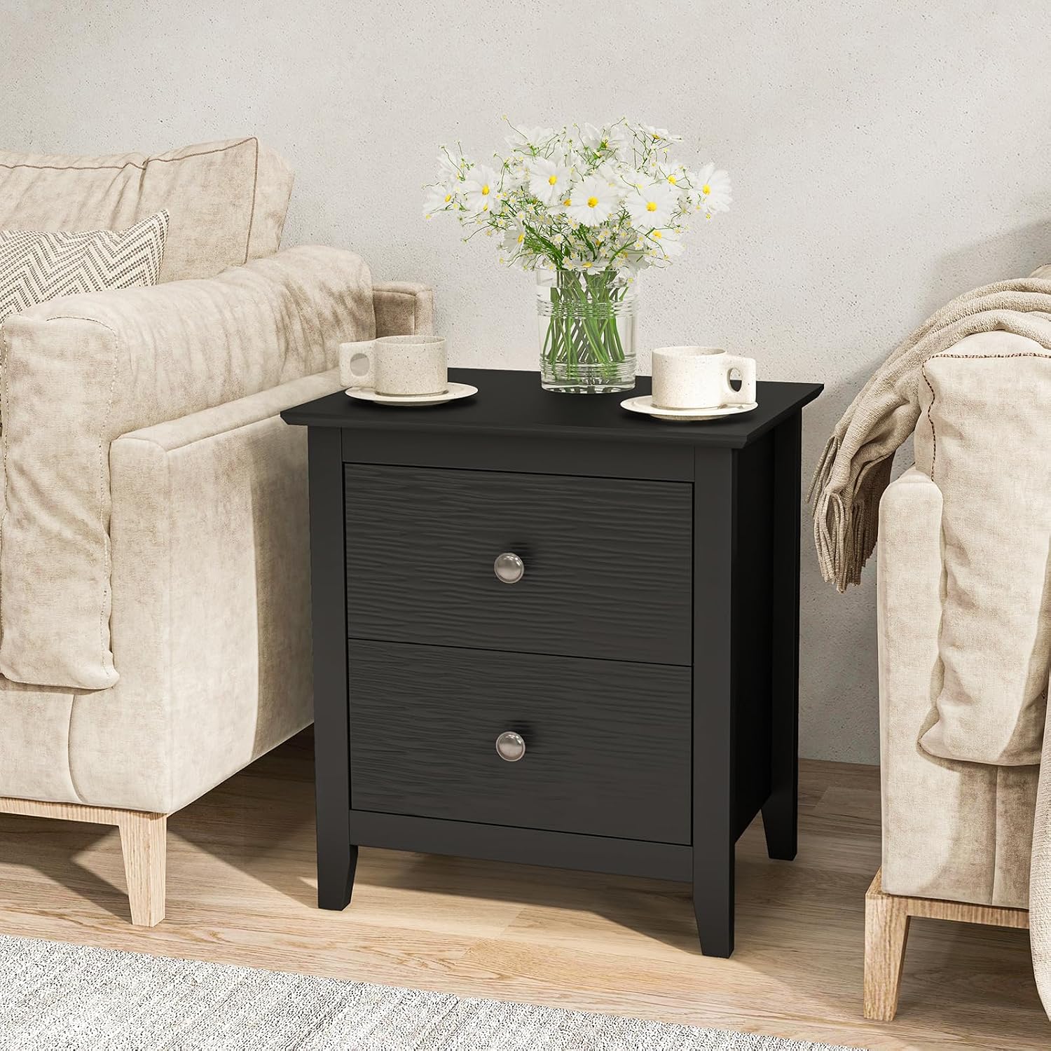 KOMFOTT 2 Drawers Nightstand, Wooden Bedside Table, Modern Sofa Side End Table, Compact Side Table for Bedroom, Black
