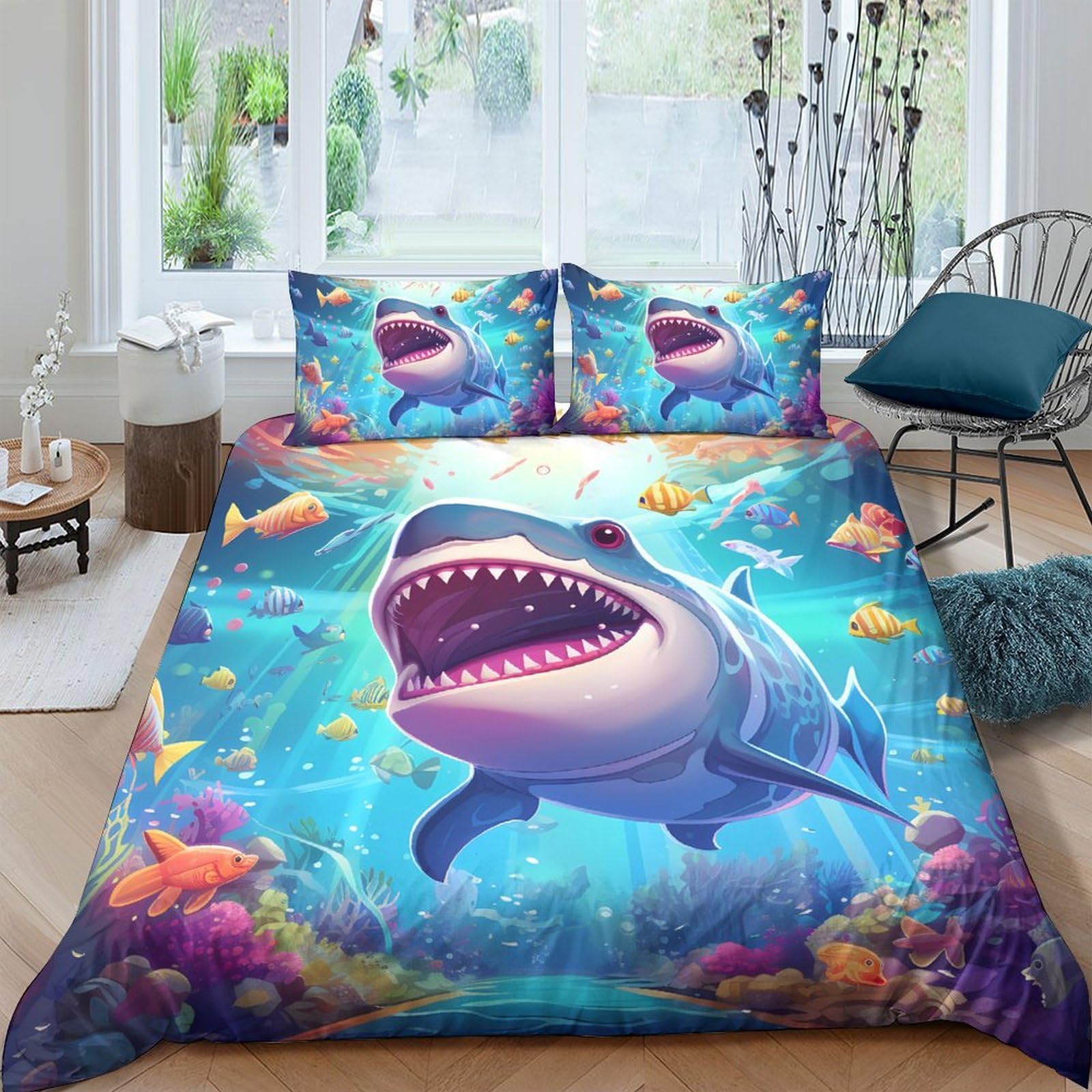 Ctjqhvkz Style-10 3D Printed Shark Ocean Fitted Sheet Microfiber Soft Anti-Slip Cartoon Fish Bed Cover For Bedroom Dorm Decoration Single（135X200cm）
