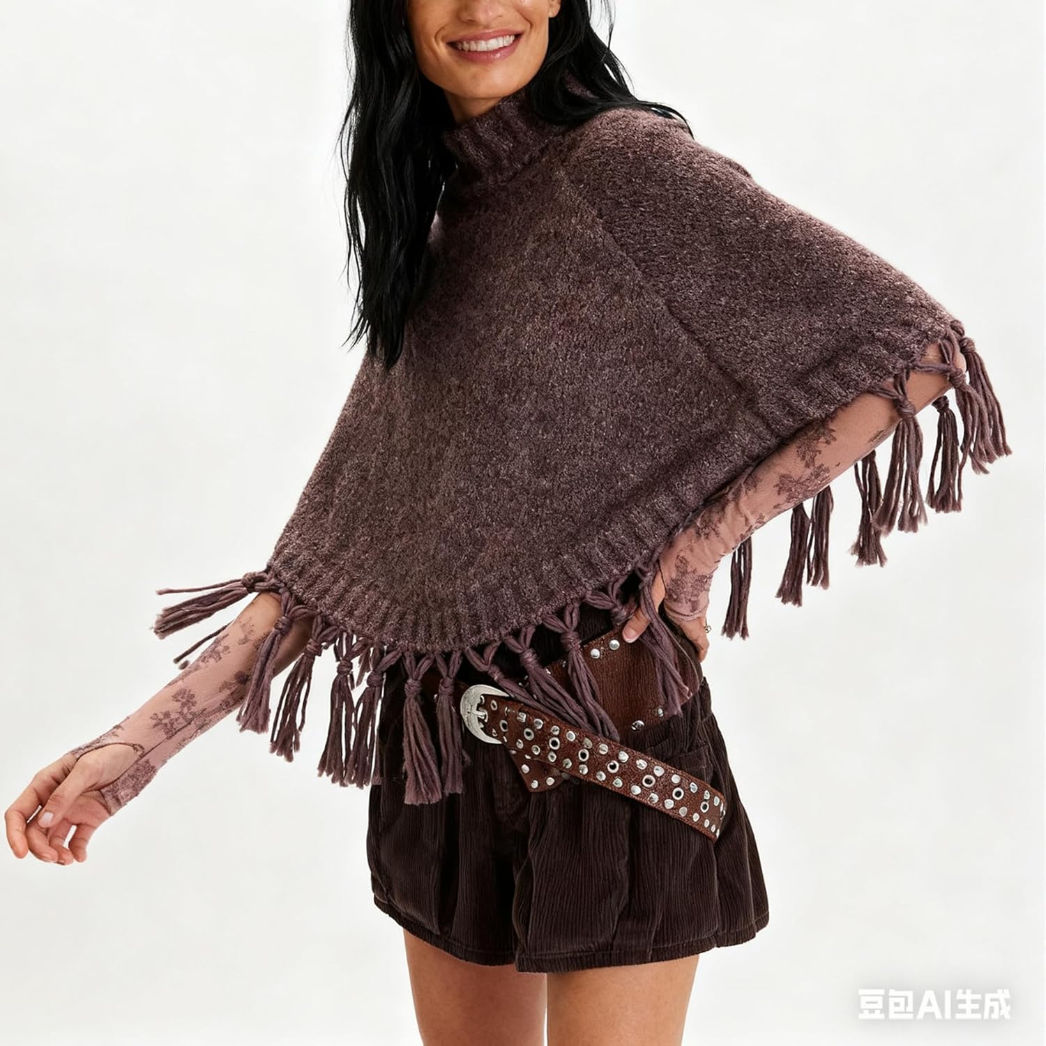 Women Tassel Poncho Sweater Mock Neck Crop Knit Shawls Wraps Pullover Sweaters Scarf Cape - Image 7