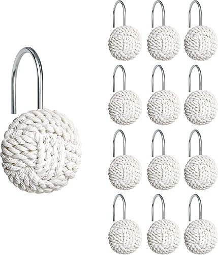 Miniatura 1 de Sunlit Ganchos de cortina de ducha con nudos bohemios, anillos blancos decorativos para cortina de ducha para baño, ganchos náuticos para cortina de