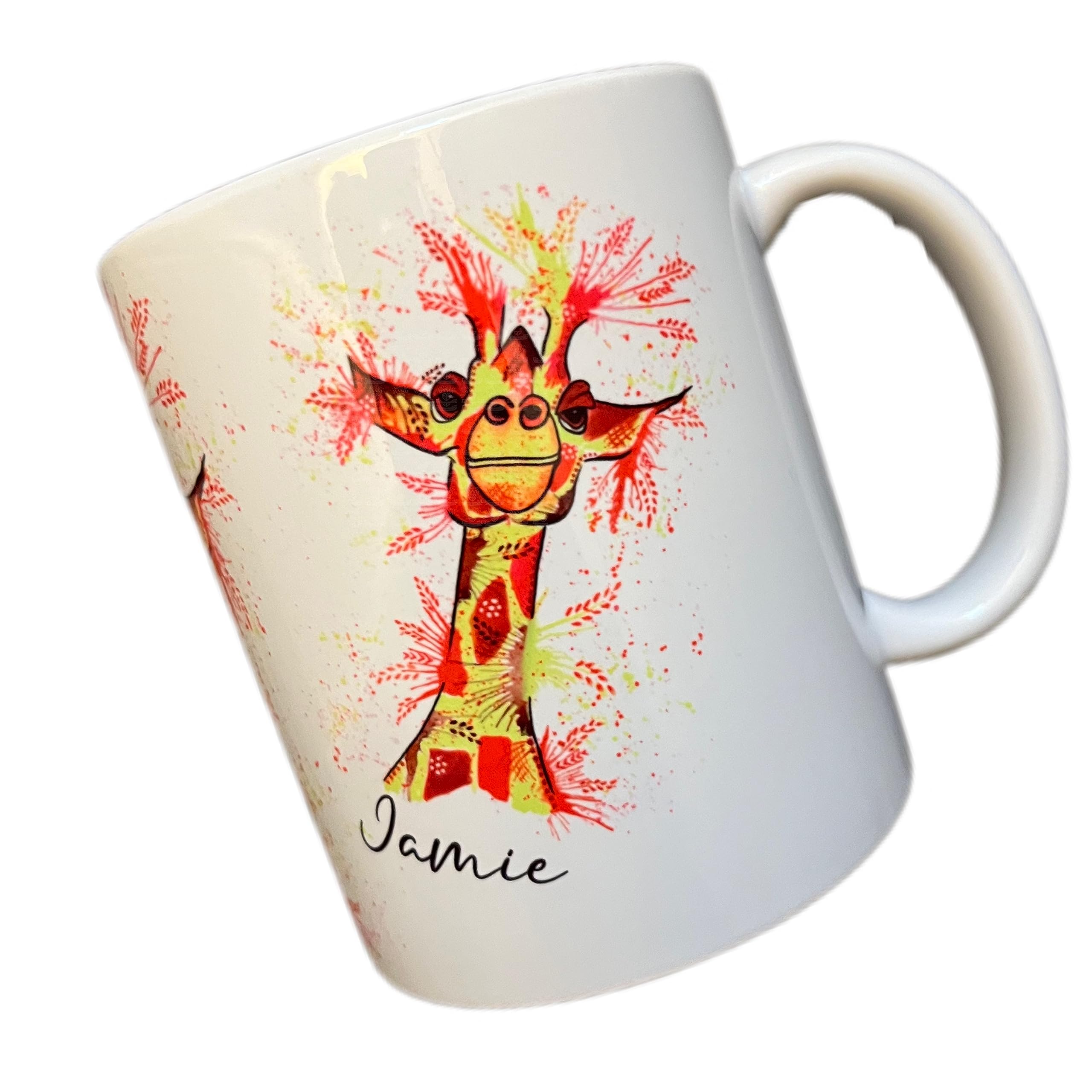 Personalised Crazy red and yellow Giraffe themed 11oz coffee mug with splatter background - excellent gift for all occasions
