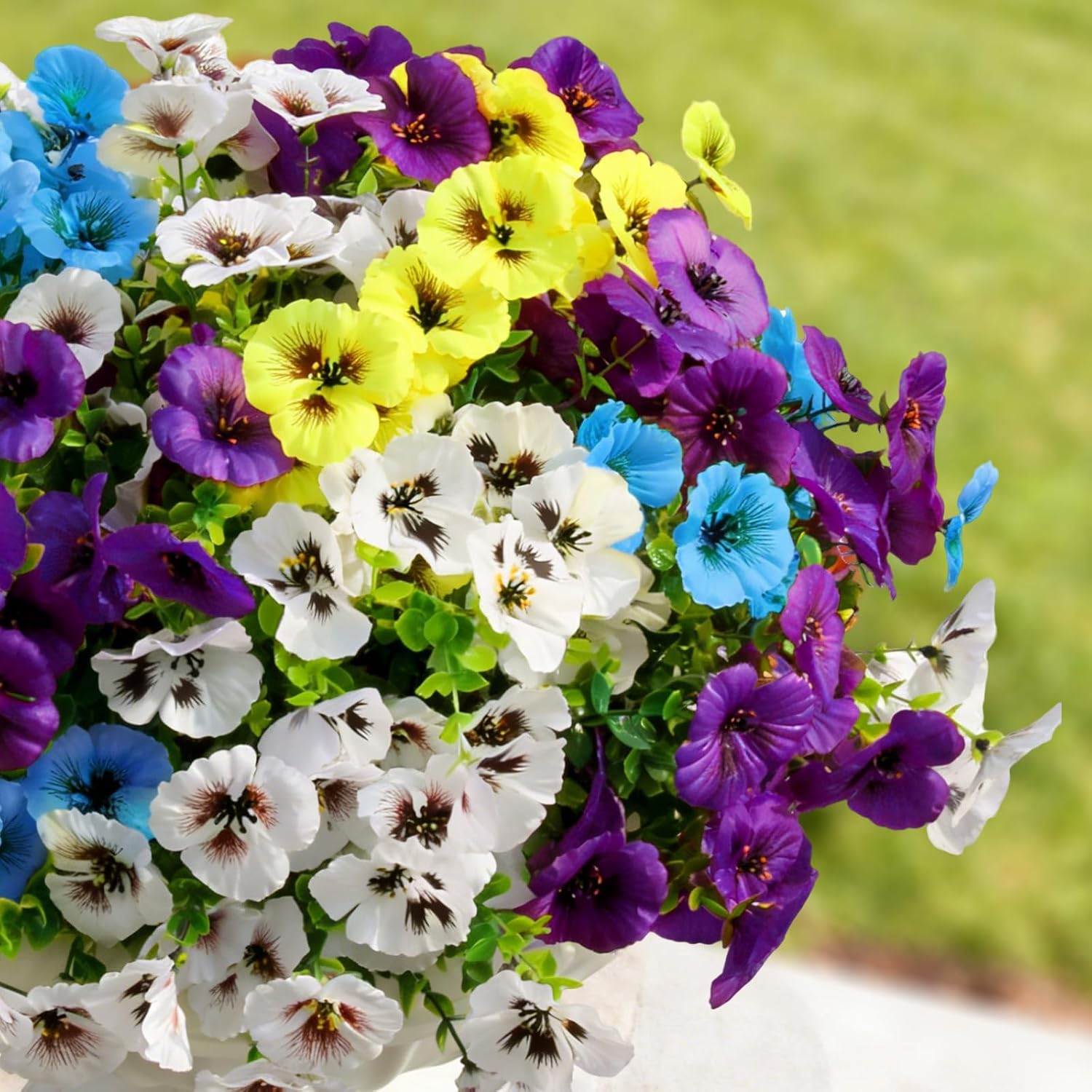 Artificial Fake Flowers for Outdoors Pansy, Spring Flower Decoration for Front Porch Patio Garden Yard Garden Decor, 18 Bundles UV Resistant Silk Faux Outdoor Plants for Hanging Planters