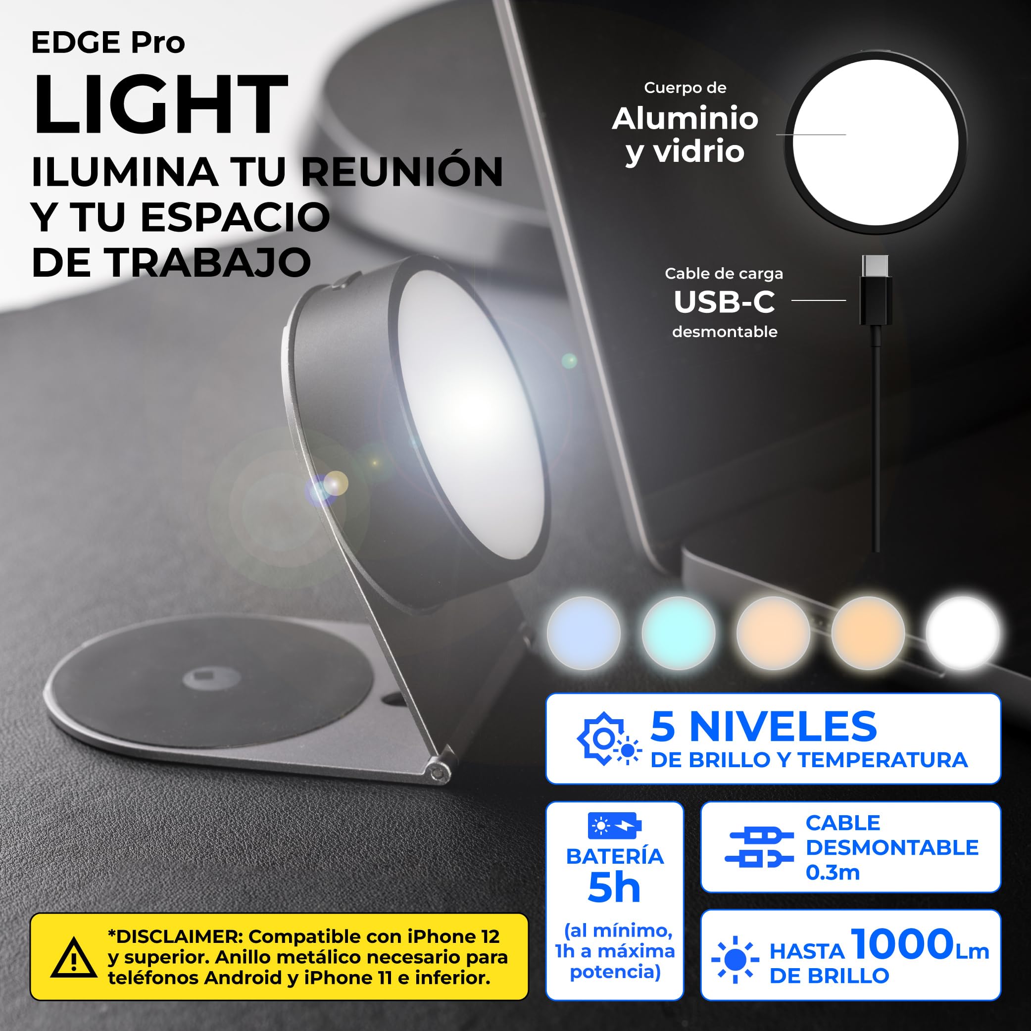 Rolling Square Edge Pro Full Kit - Soporte Movil para Portatil, Kit con Soporte Magnetico para Movil, Cargador Inalambrico Universal y Luz 1000 Lumen, Soporte con Cargador Magnetico Teletrabajo, Negro