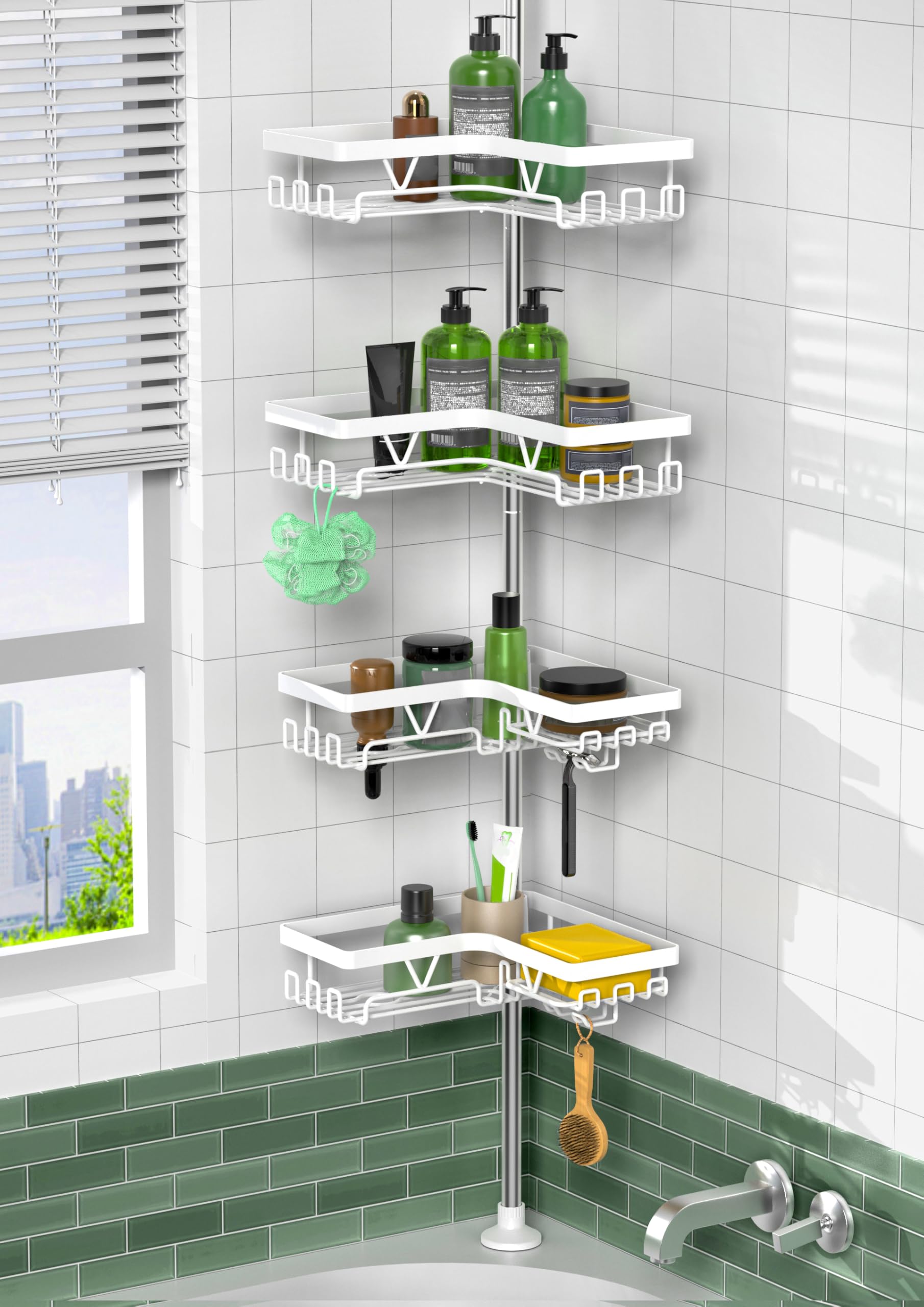 KEGII Corner Shower Caddy Tension Pole - 4-Tier Rustproof Bathroom Organizer, Floor to Ceiling Shower Caddy 25-114.2 inch, No Drilling Shower Storage Rack for Shampoo, Towels (Matte White)