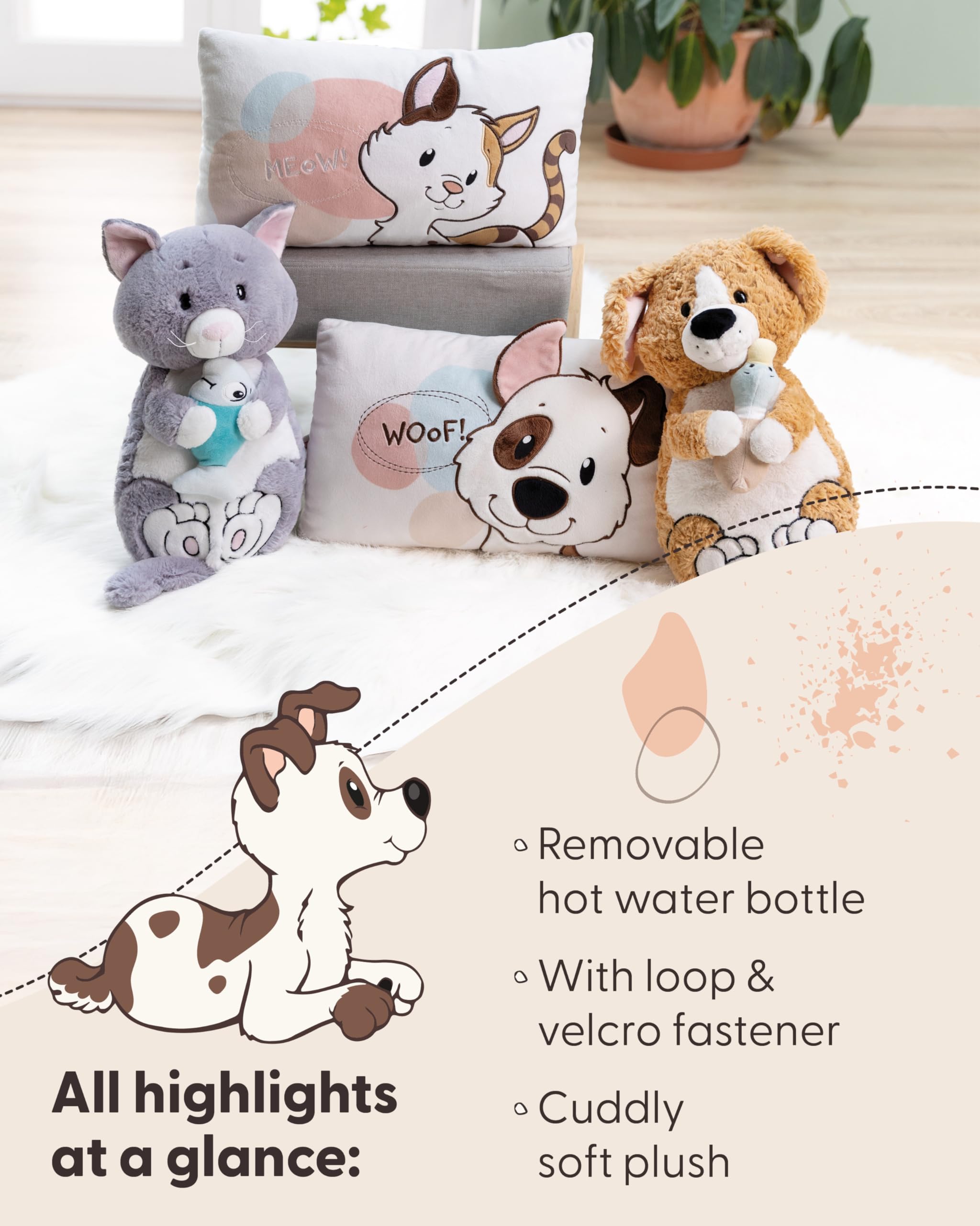 NICI 62167 termofor piesek z kaczką, przytulny, od 10. miesiąca życia, pluszowy termofor dla dzieci i dorosłych, 350 ml, 30 cm, biały