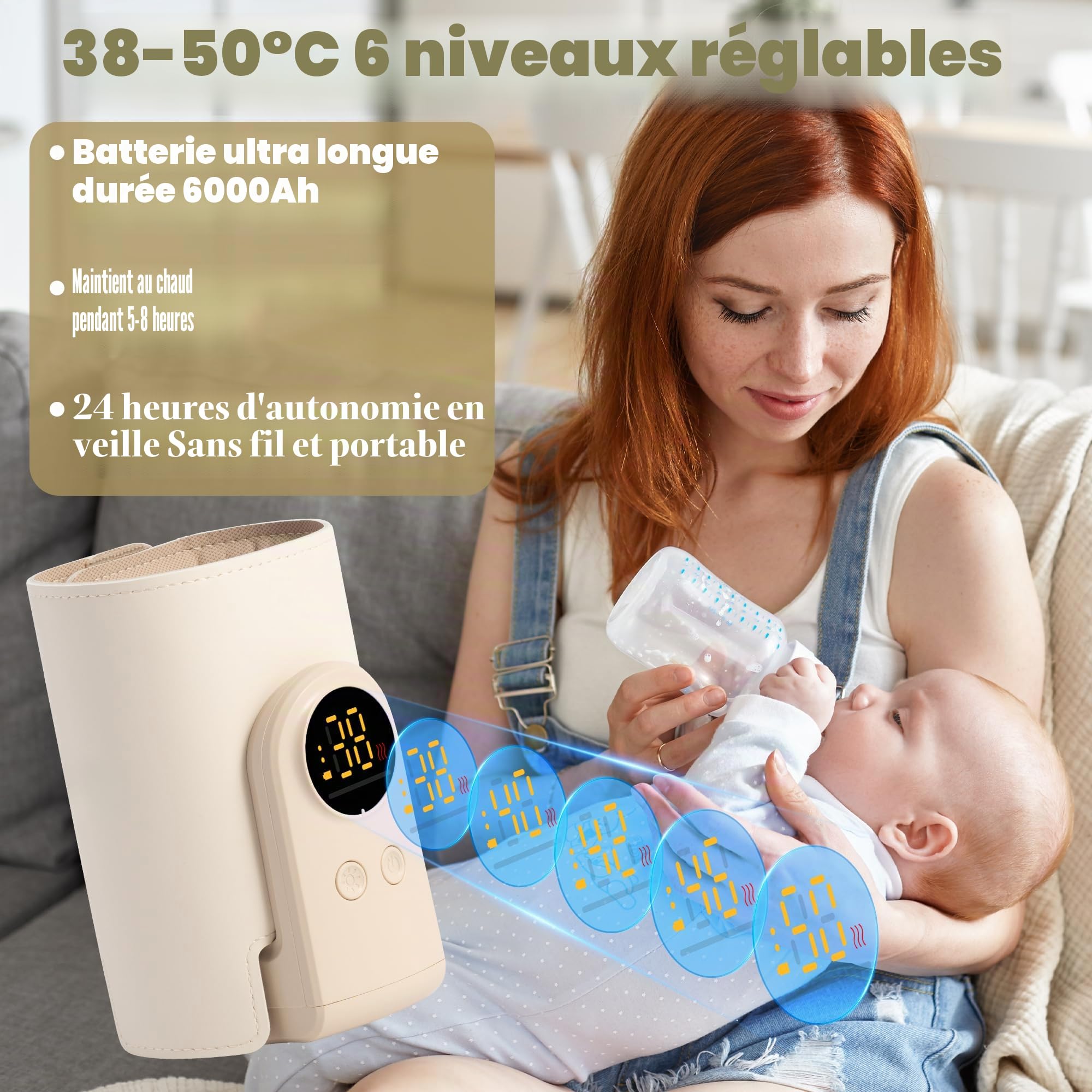 Chauffe-biberon portable réglable à 6 vitesses | Isolation de température précise avec lumière d'ambiance nocturne sans fil
