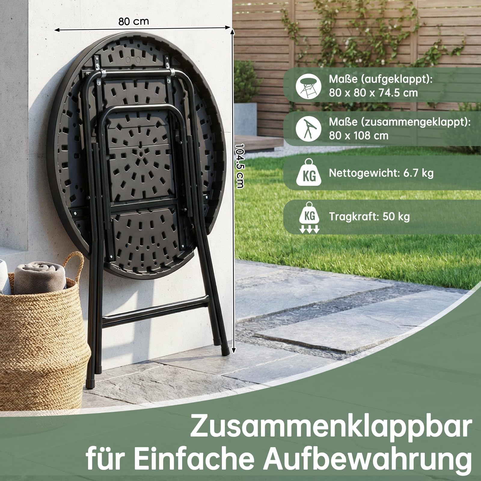 Clevich Gartentisch Klappbar, Beistelltisch Rund Holz-Optik, HxD: 74x80 cm, Balkontisch mit Stahlrahmen Beine, Hochstabiler Campingtisch, Wetterfest, Pflegeleicht, für Balkon, Garten & Terrasse