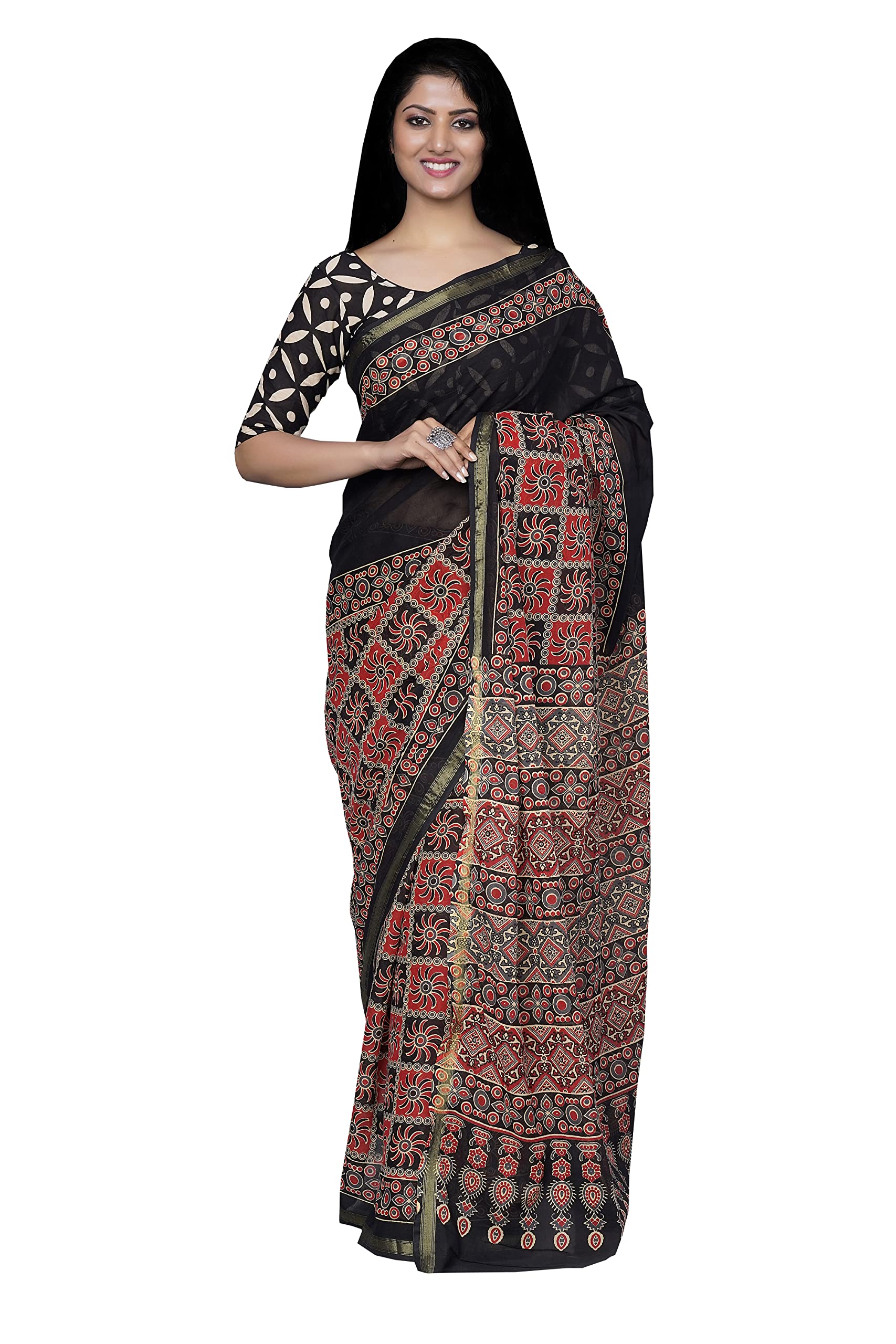 GK FASHION women's Cotton Saree Ikat Handblock Handloom Jaipur Print Zari Border With Unstitched Blouse Piece_MAL11Z
