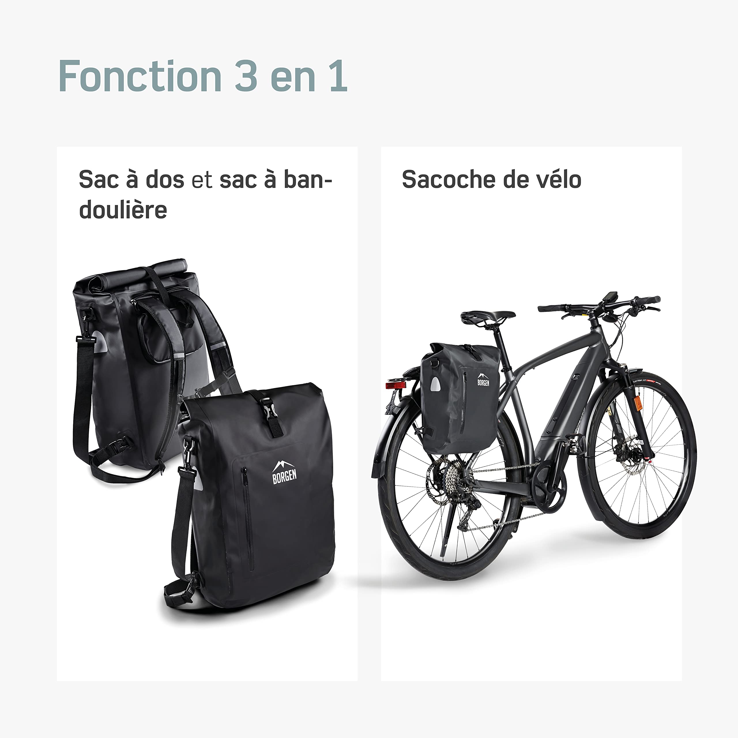 Borgen Sacoche Bicyclette Porte-Bagages Sac à Dos de Bicyclette 3 en 1 I Sacoche Porte-bagagesISac à bandoulière - 100% étanche, réfléchissant avec Sac Ordinateur Portable
