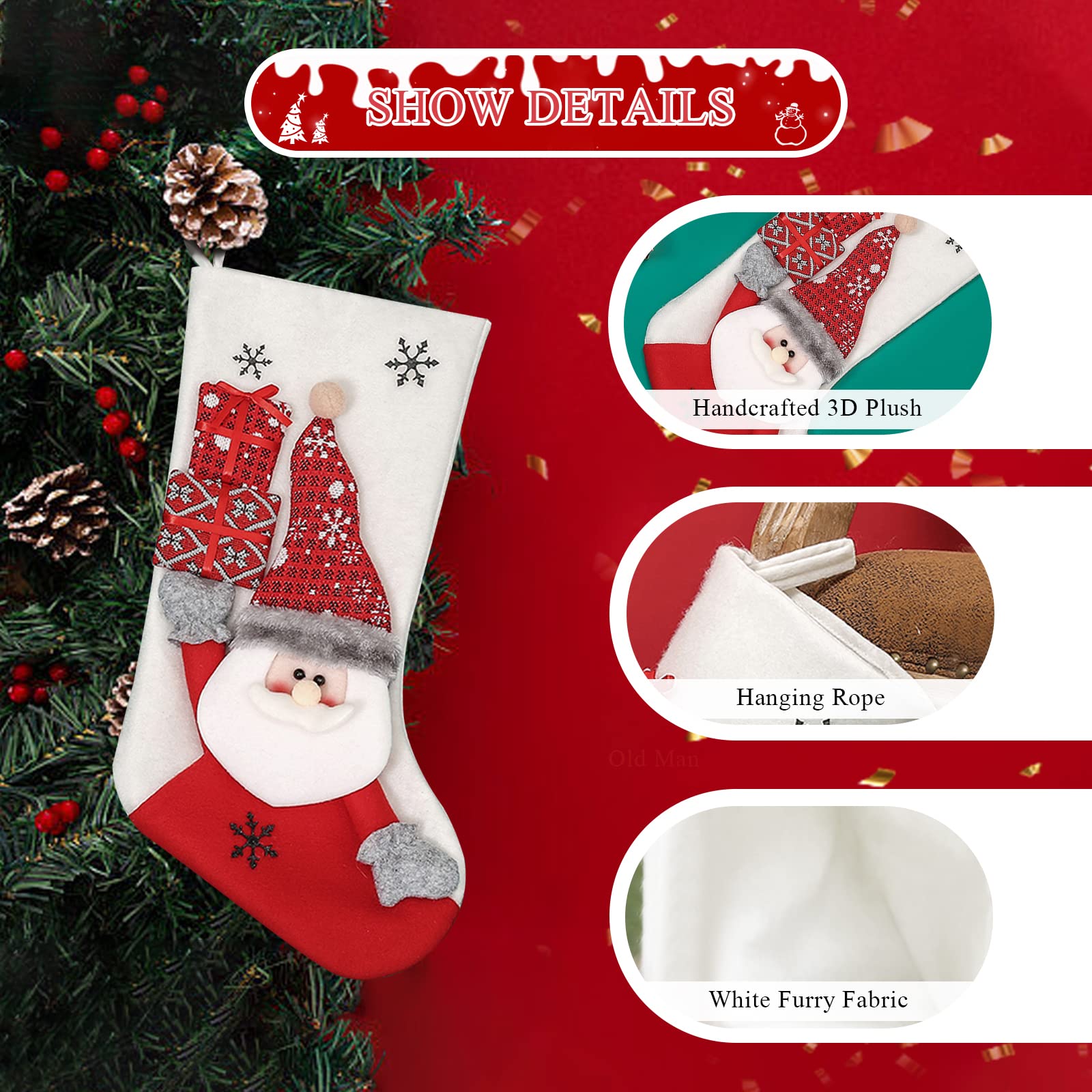 LumiSyne 3er Set Weihnachtsstrumpf 49cm Groß Nikolausstiefel Weiß Plüsch Mit Weihnachtsmann, Schneemann, Rentier Weihnachtssocken Geschenktüte Hängende Strümpfe Für Kamin Weihnachtsbaum Weihnachtsdeko