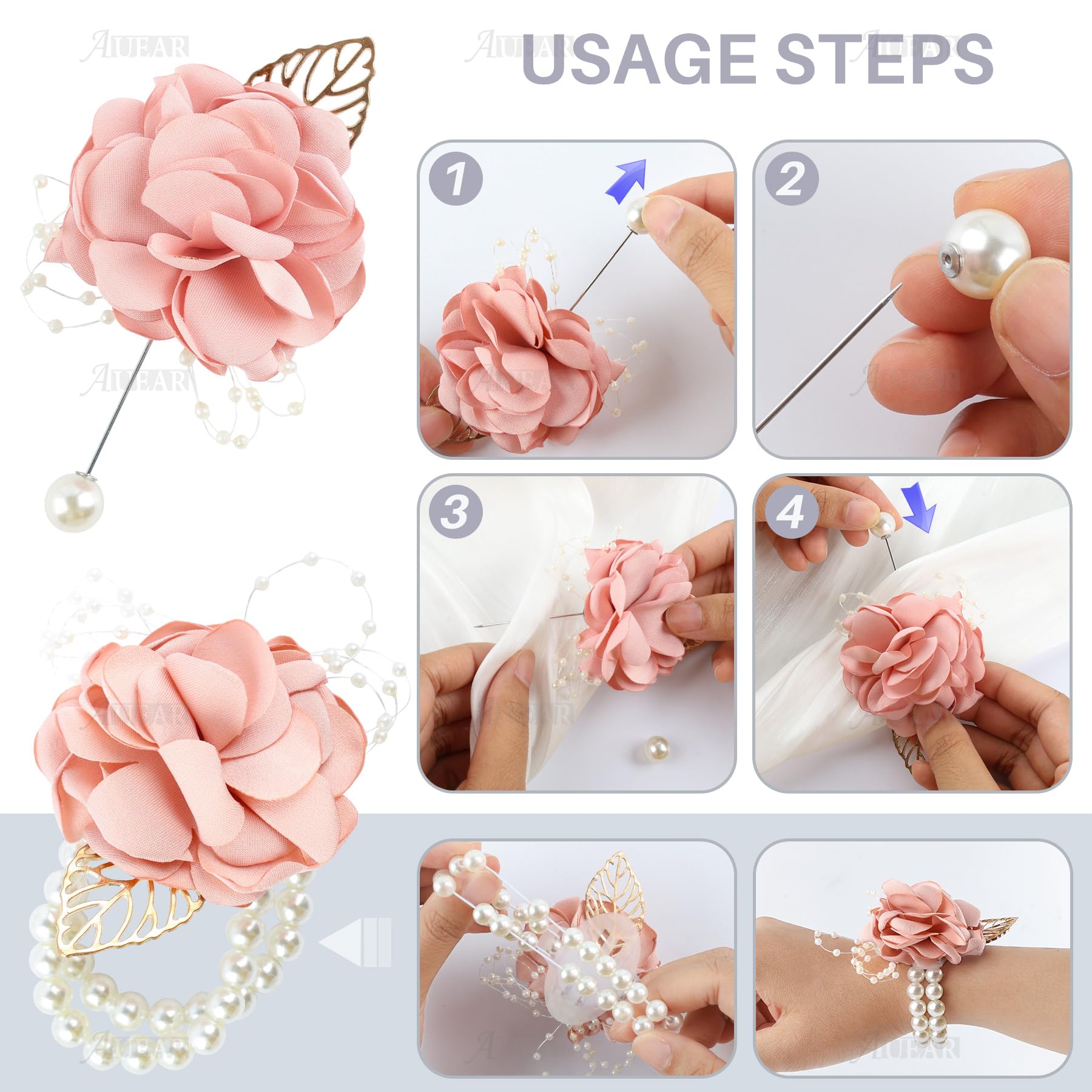 AUEAR Set Corpetto Da Polso E Fiore All'Occhiello Per Damigella E Sposo - Rosa - Accessori Matrimonio E Festa