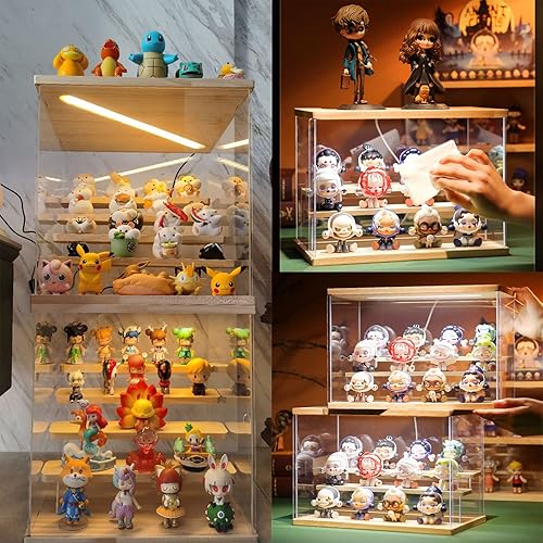 Vista 7 de Vitrina de acrílico de 5 niveles para coleccionables con estantes de madera clara, caja de almacenamiento montable, organizador de protección