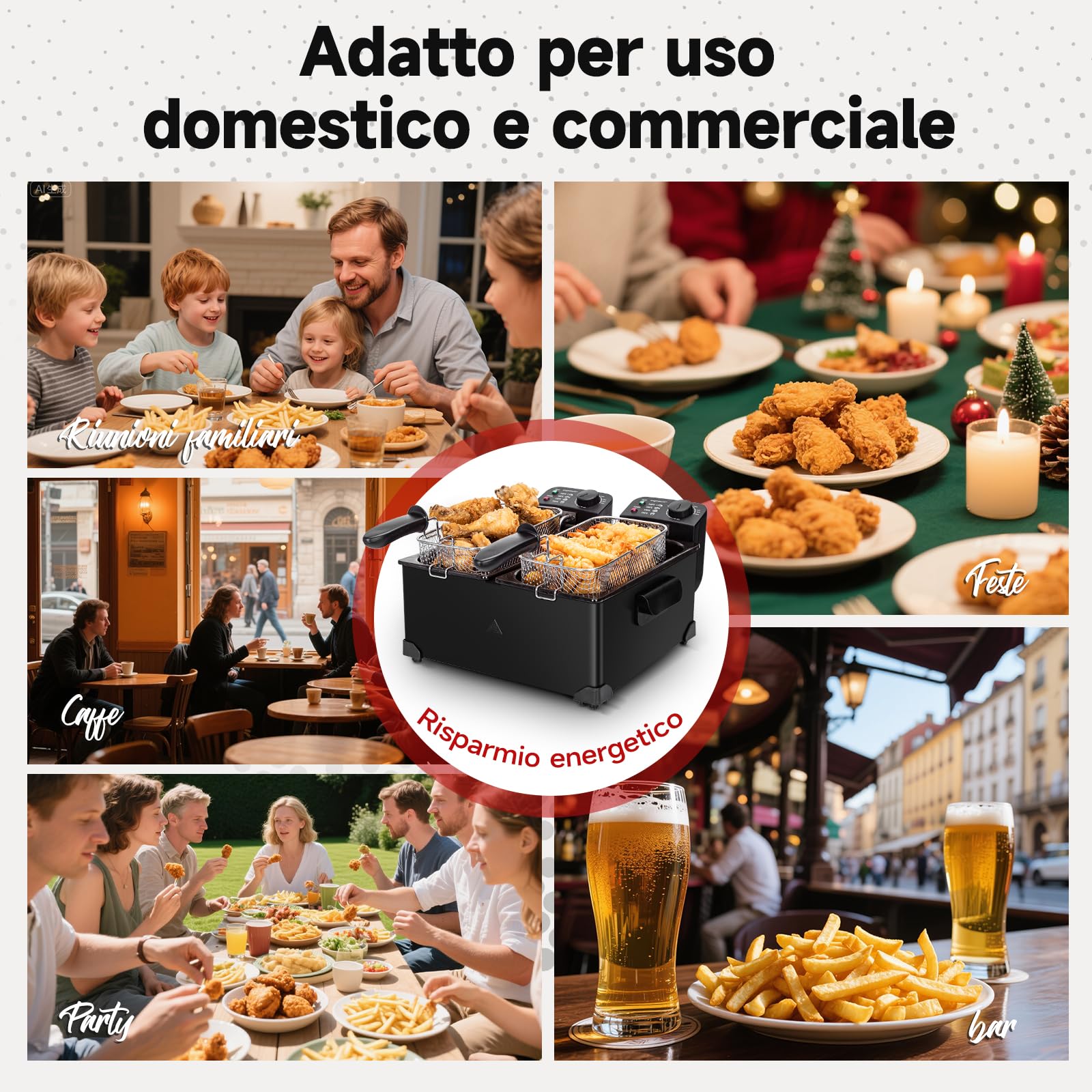 Aigostar Friggitrice doppia vasca. capacità totale 6L, 2 cestelli da 3L. Controllo termostatico, coperchi con finestre. Friggitrice elettrica professionale senza BPA.3600W