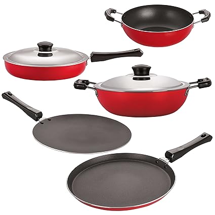 Nirlon Non-Stick Aluminium Cookware Set, 6-Pieces, Red & Black