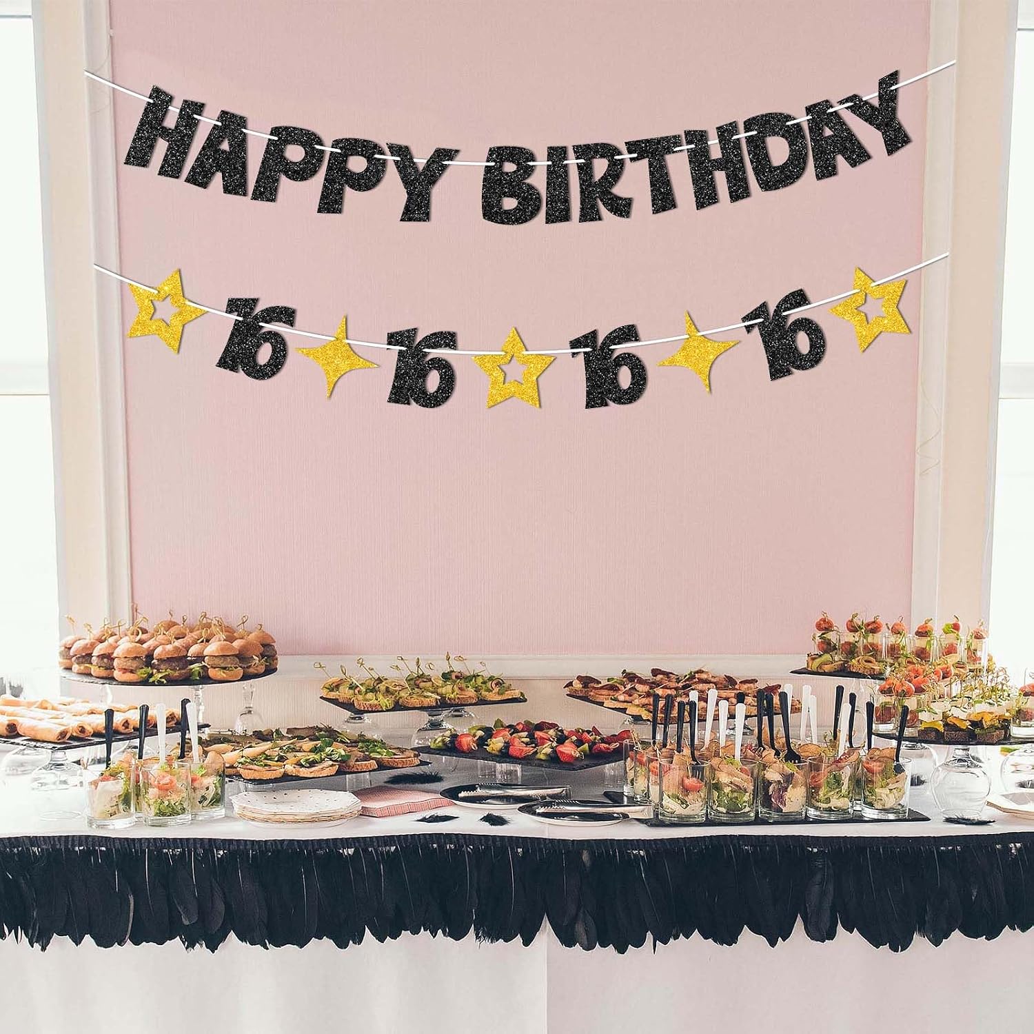 Black Gold Happy 16th Birthday Banner-16th Birthday Decorations for Boys Girls,Pre-strung Glitter Sixteen Birthday Decor Sign for Sweet 16 Party Decorations,16 Year Old Bday Party Supplies