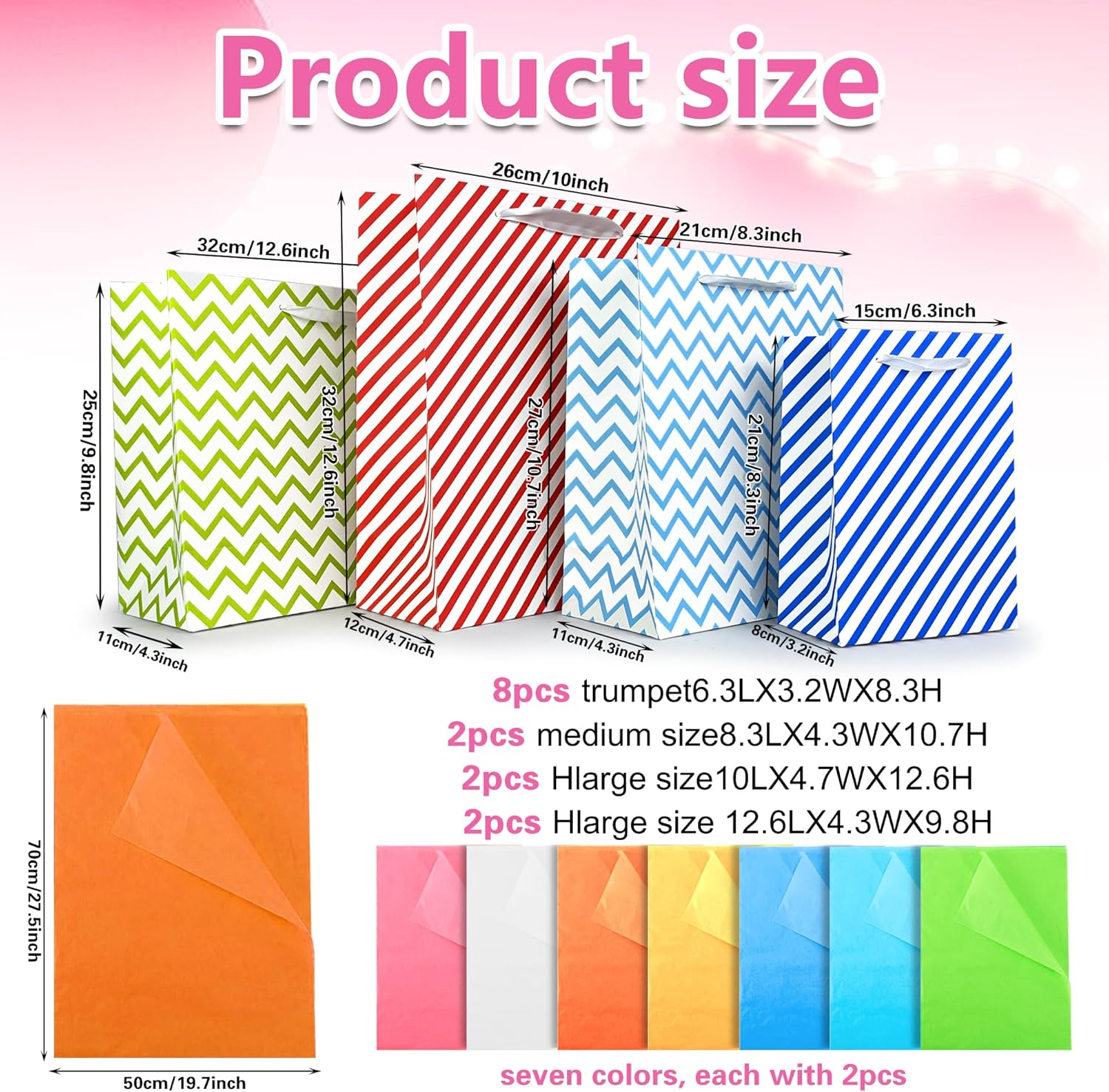 MUMULULU 28 PCS Assorted Sizes Gift Bags 14 Gift Bags 4 Sizes 14 Tissue Papers 7 Color Bulk Perfect for Birthday Weddings Partie and Holidays and Multiple Colors Available - Image 2