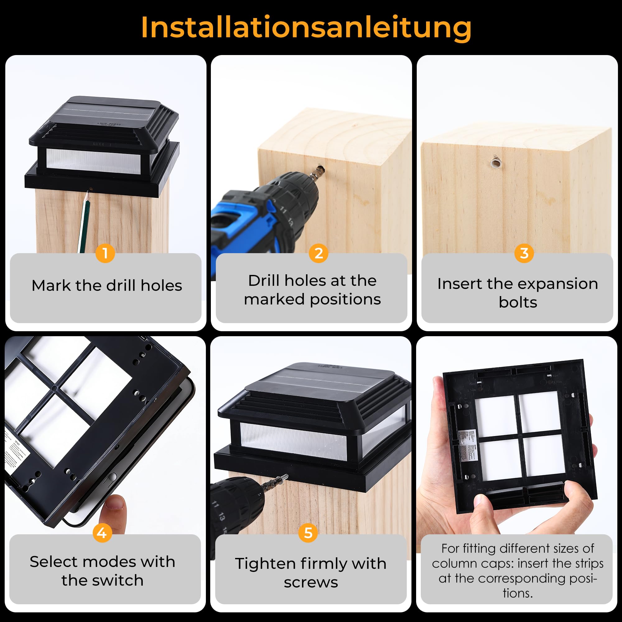 Quntis Zestaw 4 lamp solarnych na słupki ogrodzeniowe, lampy ogrodowe typu Flame z 5 trybami świecenia, lampy solarne na słupki o wymiarach – taras, patio, do ogrodu, podwórko, werandę i ścieżki