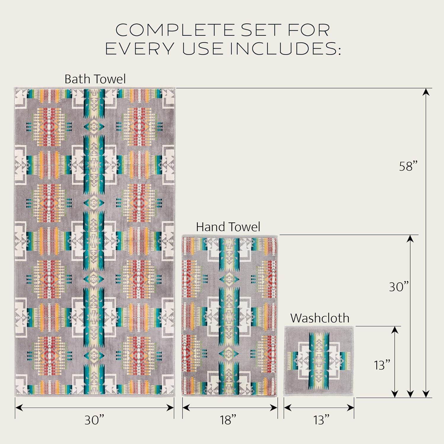 Pendleton 3 Piece Bath Towel Set - Bath, Hand, and Washcloth, 100% Cotton Shower Towels, Soft and Highly Absorbent, Quick Dry, Fade Resistant for Bathroom, Hotel and Spa - Grey