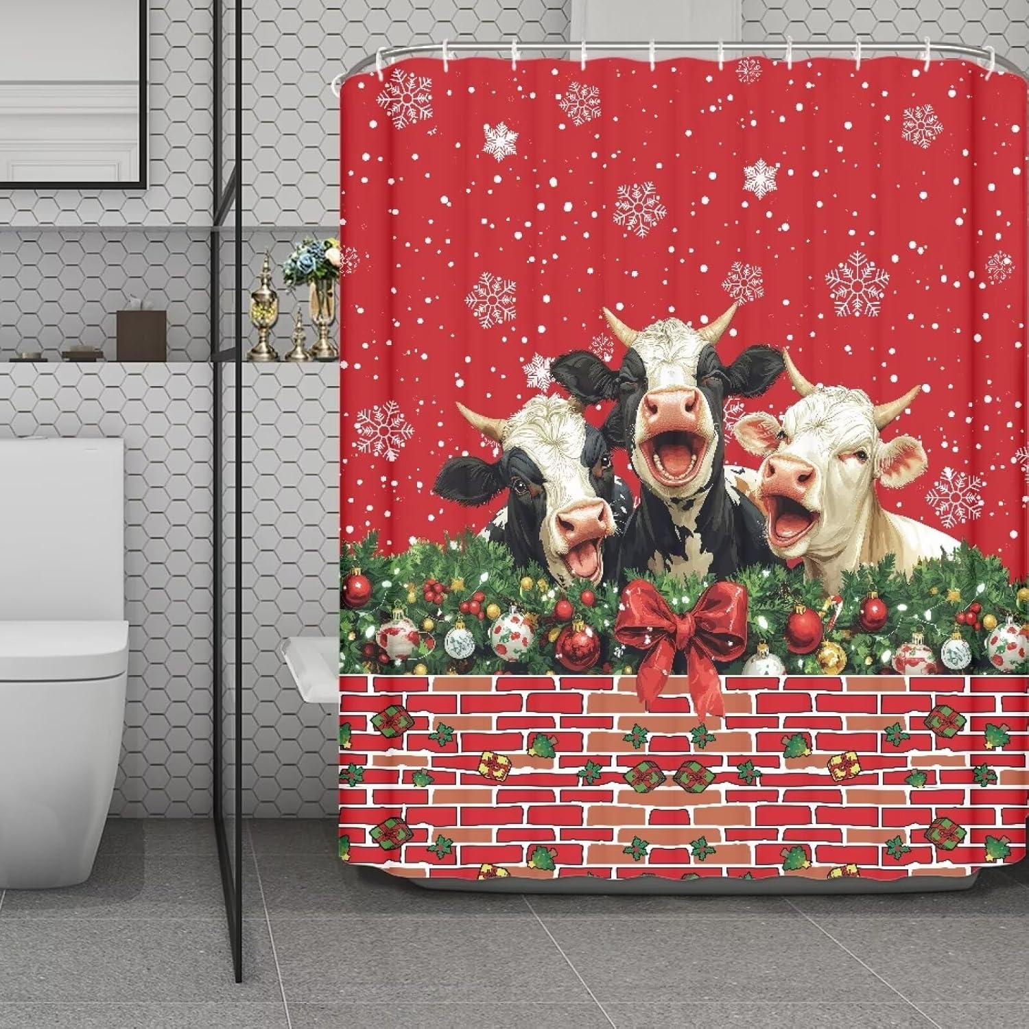 Xmas Cow Pattern Shower Curtain Liner Smooth Waterproof Bathroom Decor Washable Fabric Shower Curtains Fit Most Shower Rods for Home Restroom Christmas Decoration