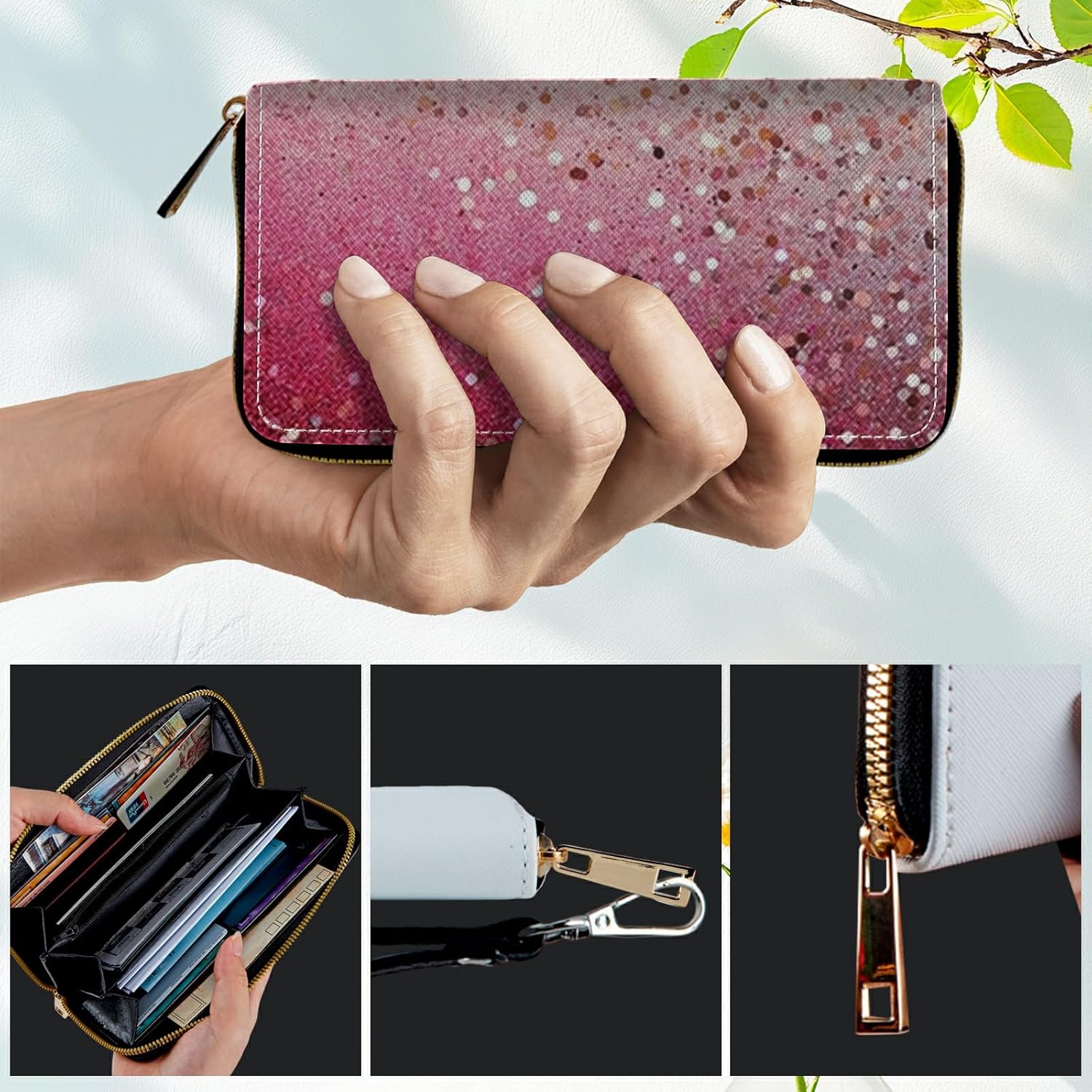 Women's RFID Blocking Wallet PU Leather Slim Bifold Wristlet Clutch with Large Capacity,16 Card Slots & Zipper Coin Purse Pocket Ladies Travel Purse Wristlet,Pink Glitter - Image 4