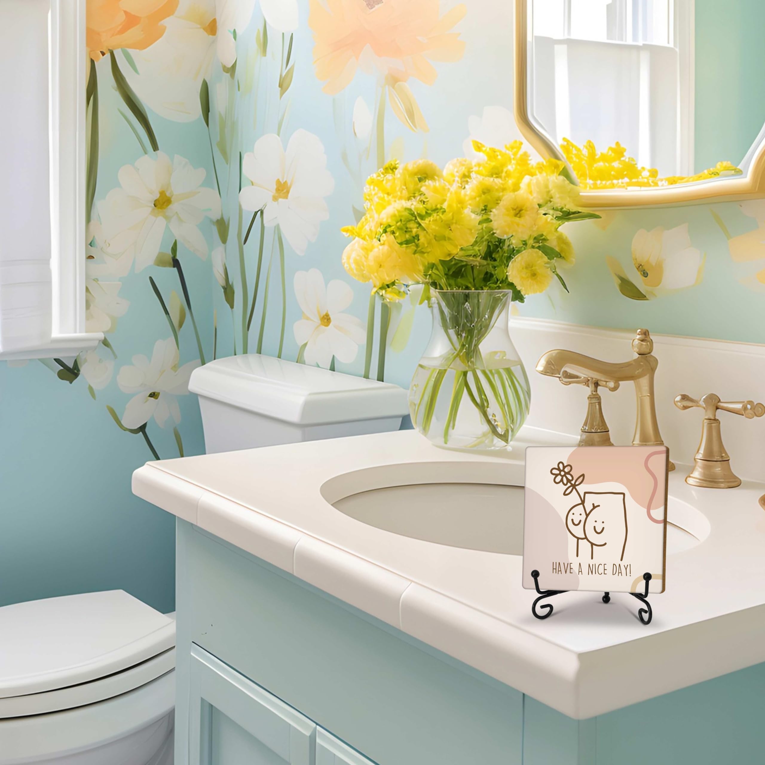 Funny Bathroom Wood Sign - Boho Round Toilet Decor With Stand For Home Bathroom