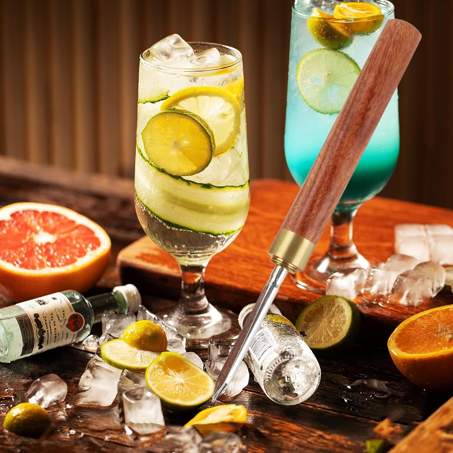 2 Sizes Stainless Steel Ice Picks with Safety Cover, Non-Slip Wooden Handle Ice Breaker Tool for Kitchen, Bars, Bartender, Camping, Restaurant, Tea Knife