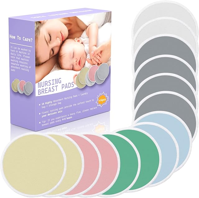 Organic Bamboo Nursing Breast Pads - 14 Pack Reusable and Washable Postpartum Pads for Breastfeeding and Maternity, with Laundry Bag - Soft, Natural and Large Nipple Pads for New Moms