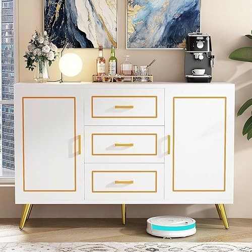 chartustriable Armario moderno de grano de madera con 2 puertas, 3 cajones. Aparador de almacenamiento con patas de metal dorado, estantes