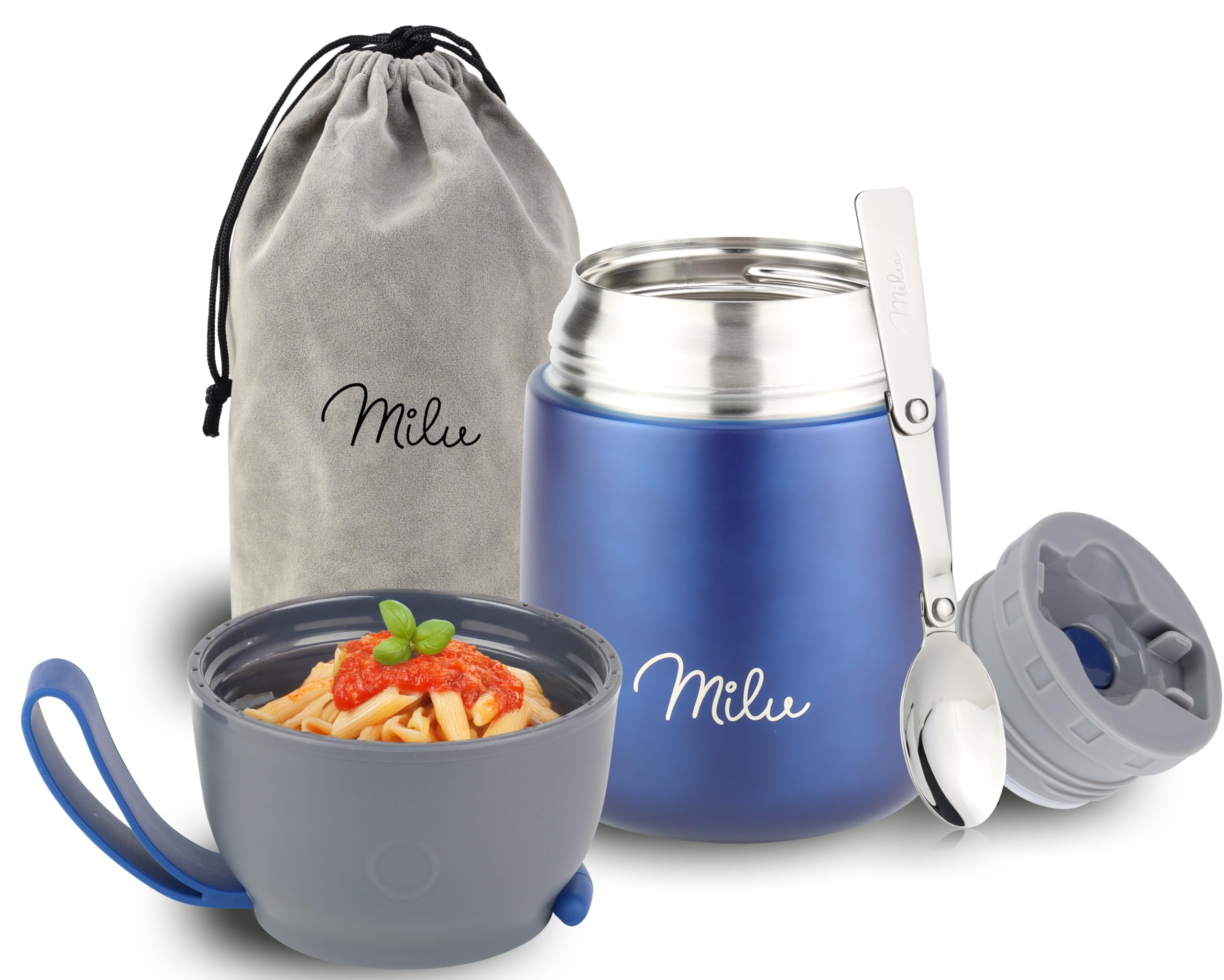 Milu Food Flask for Hot Food - 450ml Leakproof Insulated Stainless Steel Thermal Lunch Box, Soup Container with Spoon, BPA-Free, To go Meal Prep, Porridge (Navyblue, 450ml)
