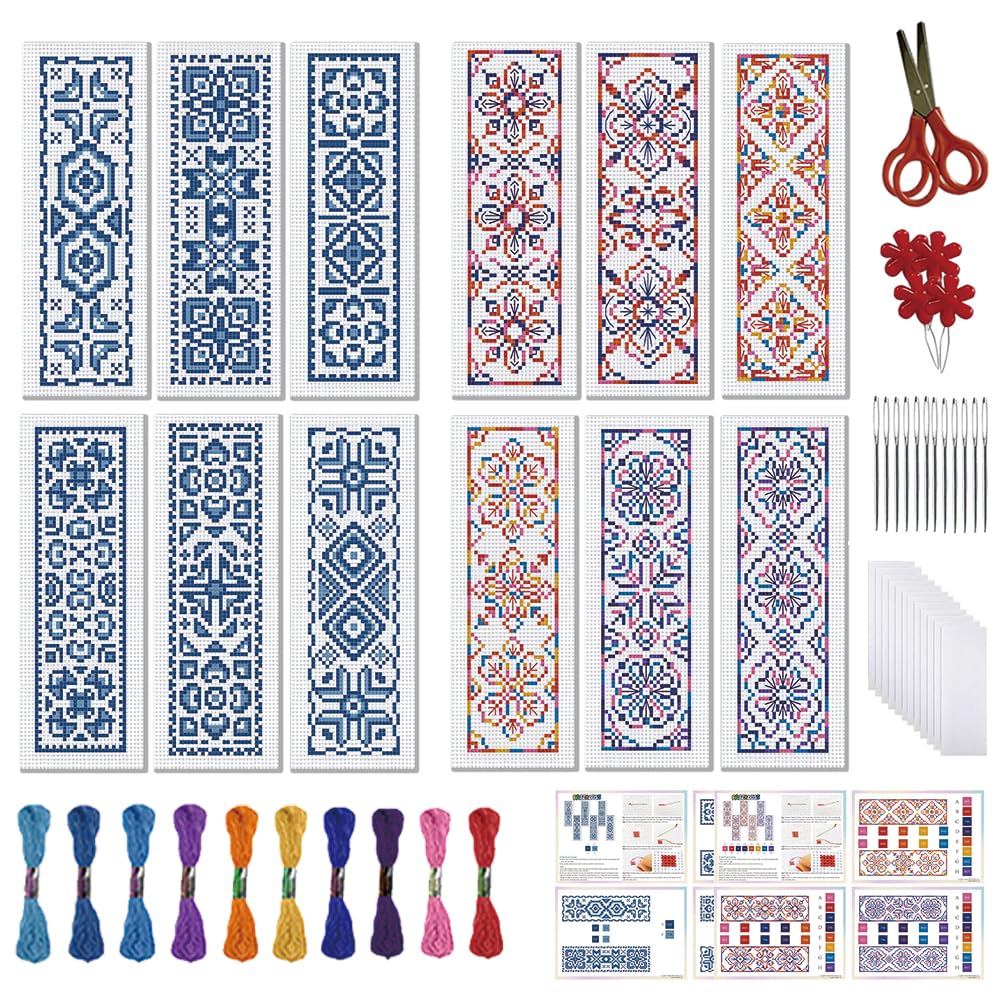 FREEBLOSS 12pcs Cross Stitch Bookmark Kit for Adult Beginners Traditional Pattern Stamped Embroidery Bookmark Kits Bookmarks Craft Kit with Instructions 11CT 8''x2.4''