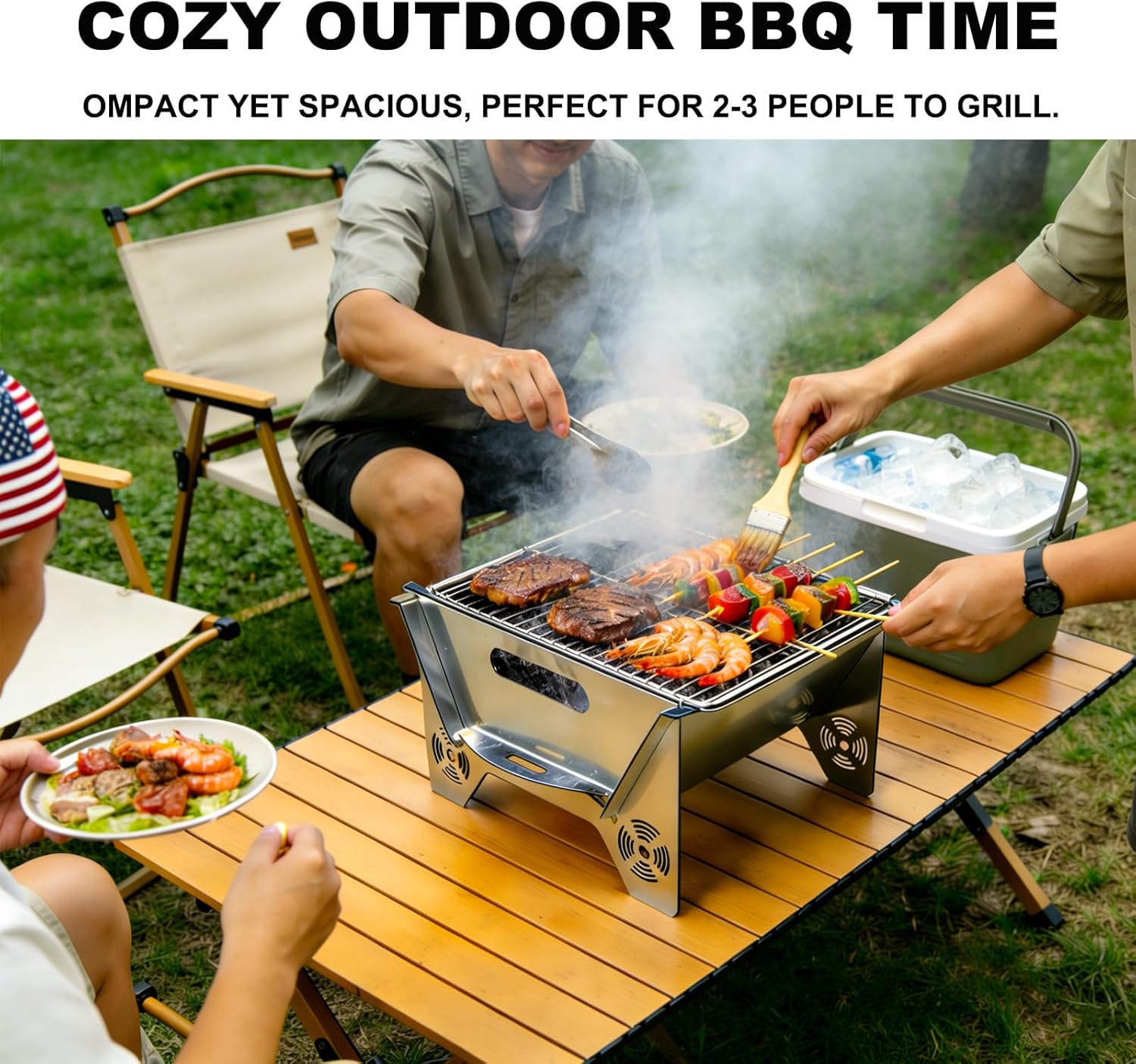 Portable Charcoal Grill 2-in-1 Fire Pit, 304 Stainless Steel Grate, Paint-Free Galvanized Steel, Easy Assembly with Storage Bag for Camping Backyard BBQ Picnic