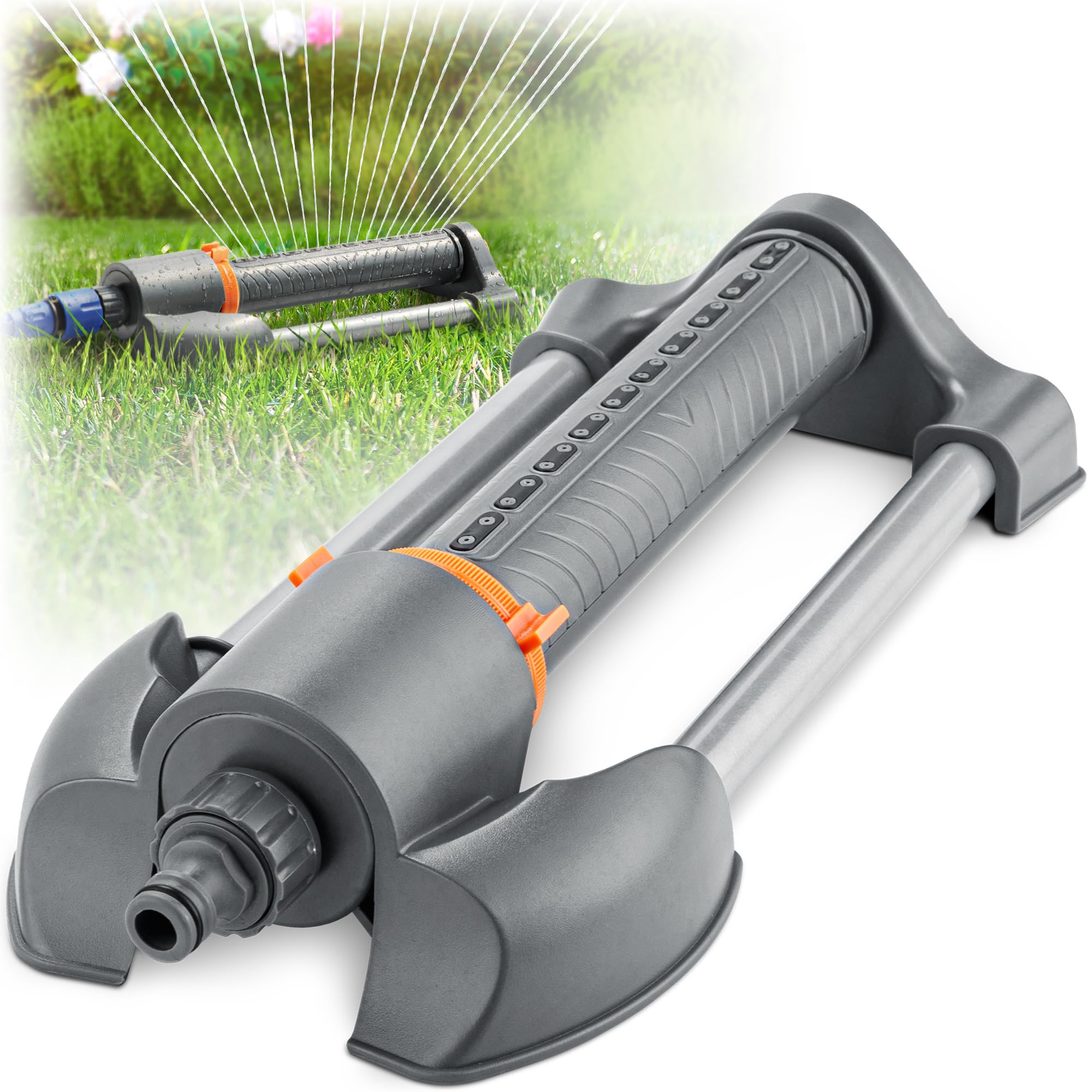 Aspersor oscilante para riego de Jardines - Gris/Naranja - Rociador de Agua Premium con 4 ángulos de rociado Ajustables y Base de Metal Resistente para césped y Patio Trasero - de EcoEarth